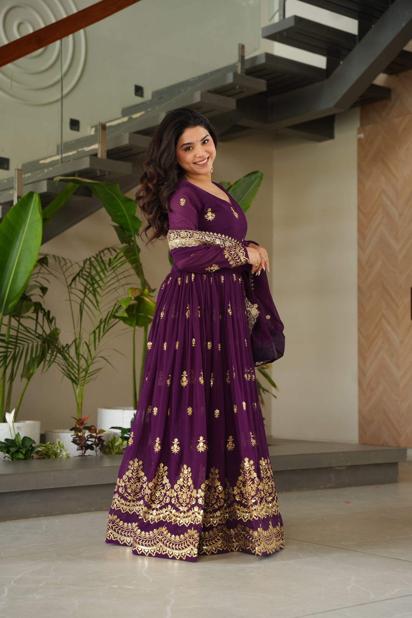 Wine Georgette Embrodary Work Logn Gown