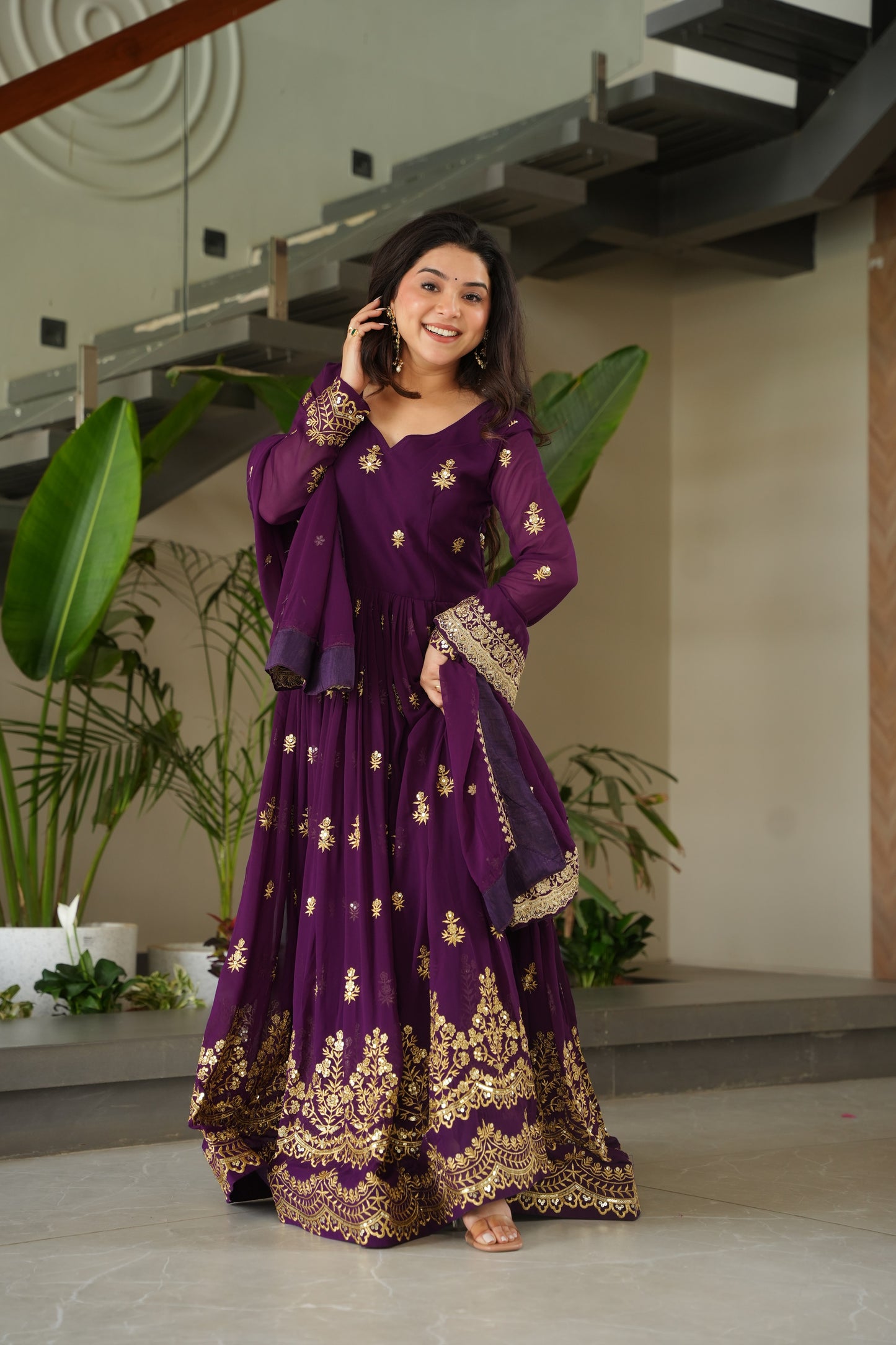 Wine Georgette Embrodary Work Logn Gown