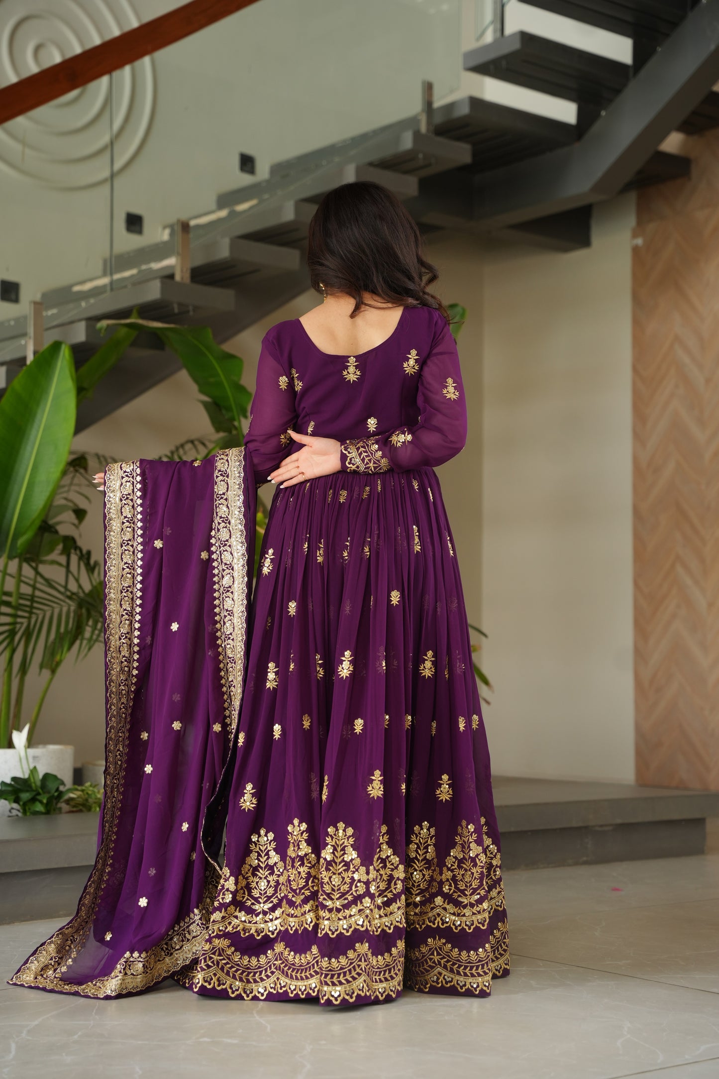Wine Georgette Embrodary Work Logn Gown