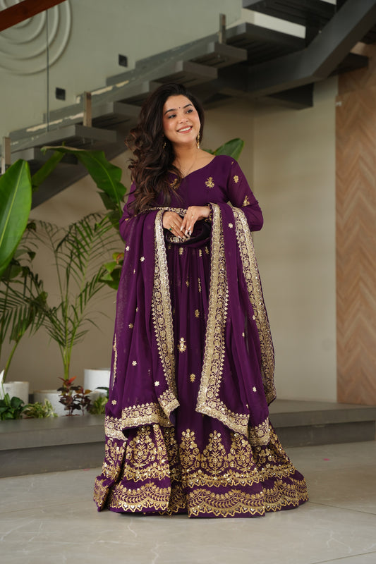 Wine Georgette Embrodary Work Logn Gown