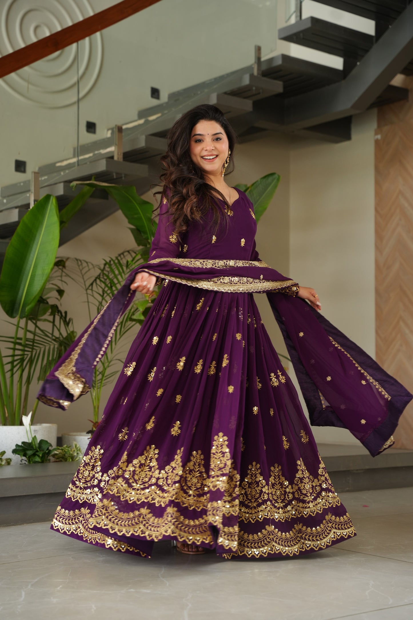 Wine Georgette Embrodary Work Logn Gown