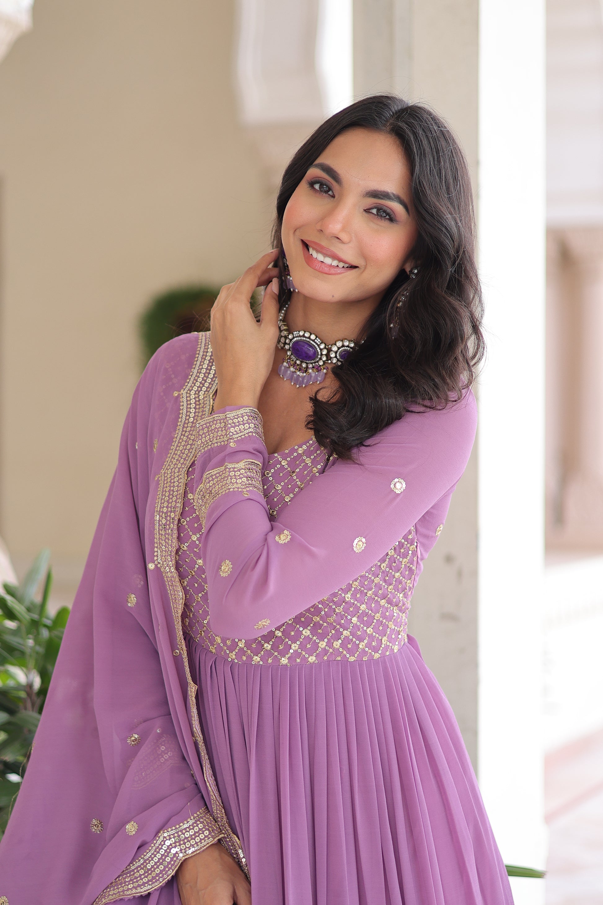 Purple Long Flair Embroidered Ethnic Dress With Dupatta