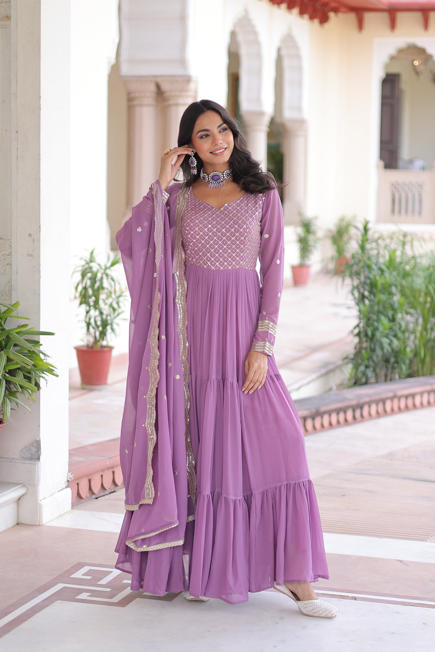 Purple Long Flair Embroidered Ethnic Dress With Dupatta