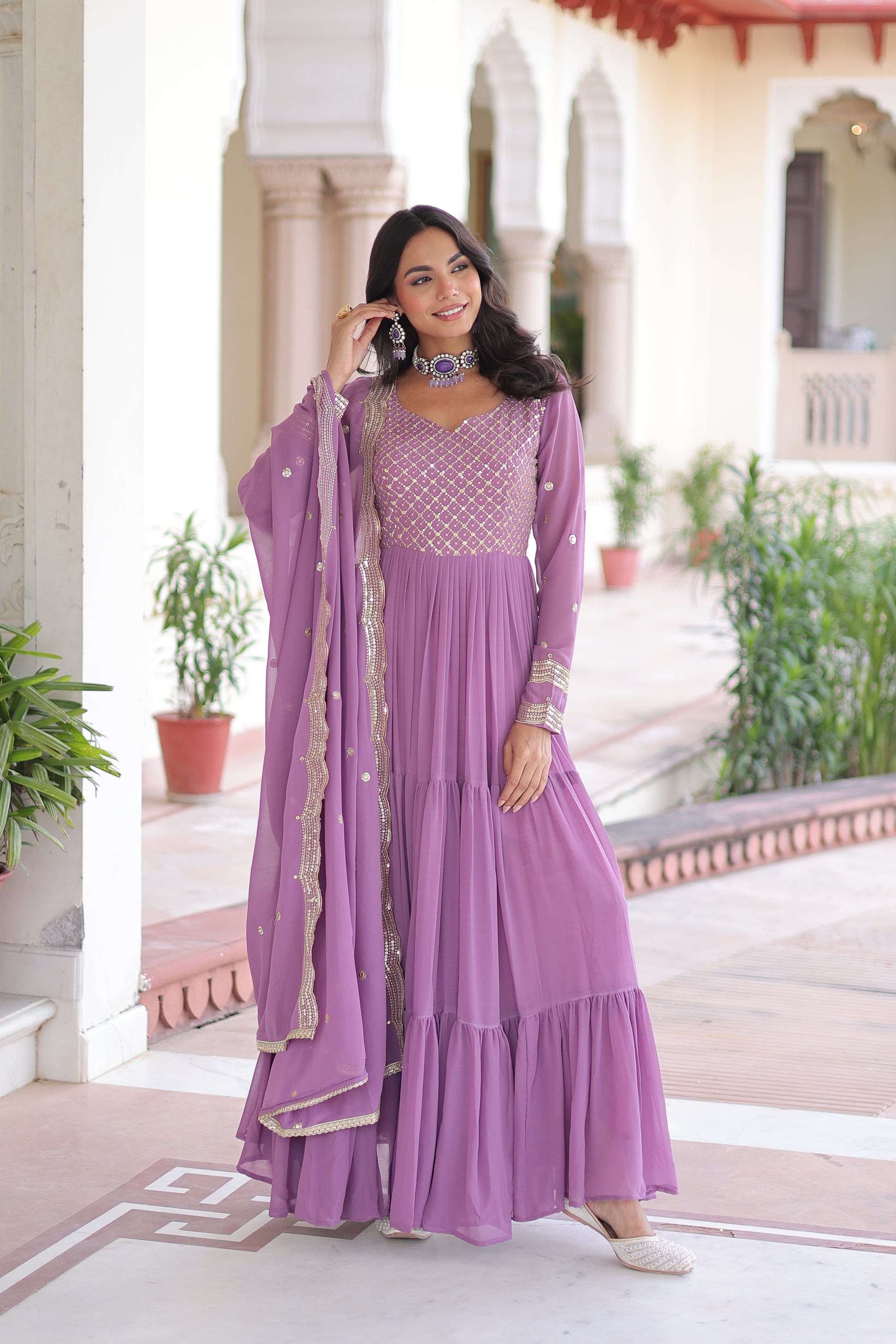 Purple Long Flair Embroidered Ethnic Dress With Dupatta