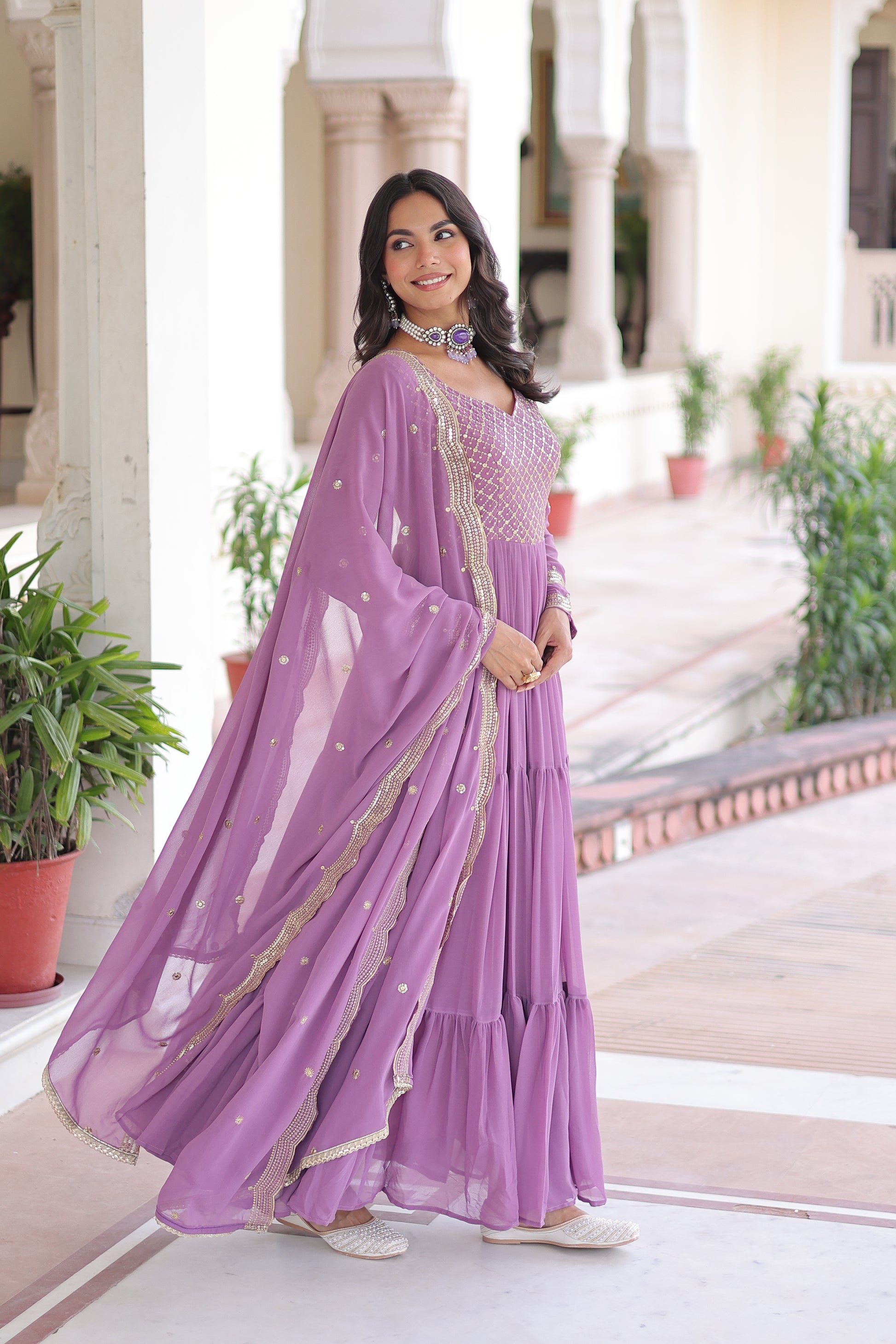 Purple Long Flair Embroidered Ethnic Dress With Dupatta