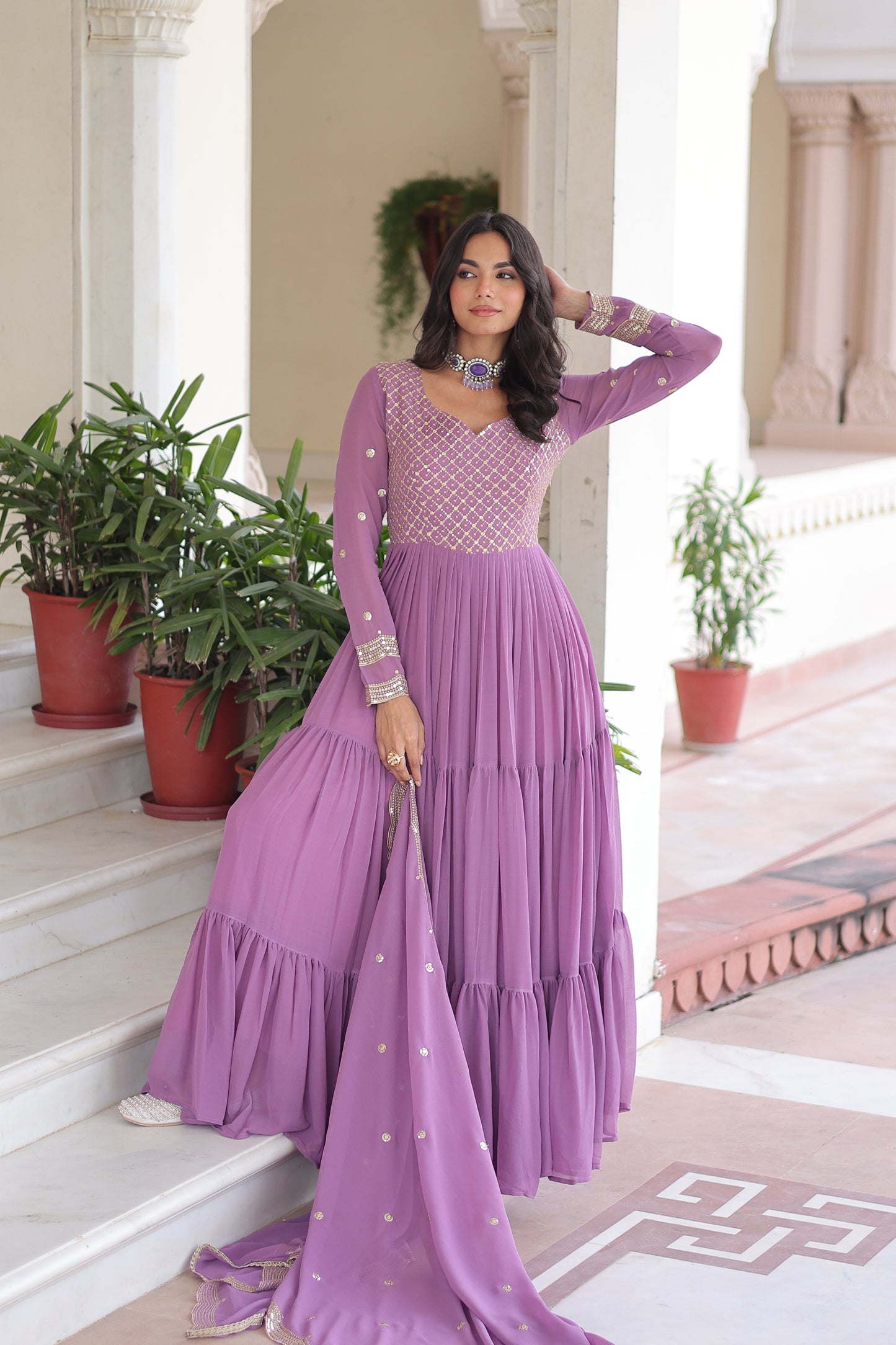 Purple Long Flair Embroidered Ethnic Dress With Dupatta