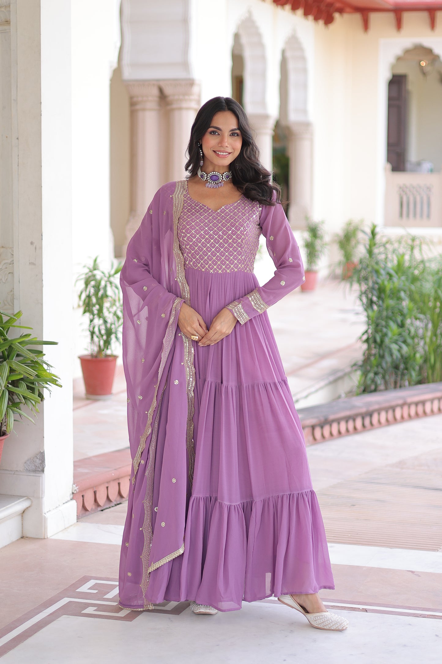Purple Long Flair Embroidered Ethnic Dress With Dupatta
