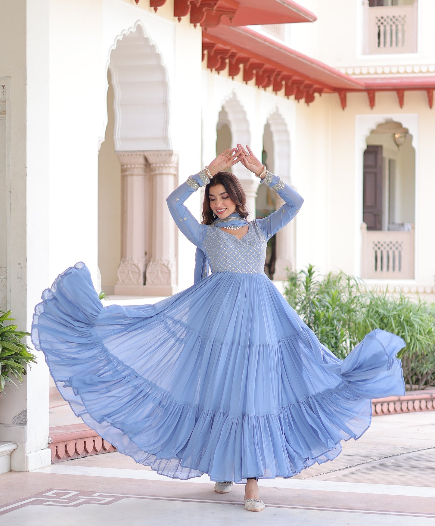 Sky Blue Long Flair Embroidered Ethnic Dress With Dupatta