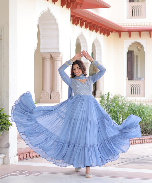 Sky Blue Long Flair Embroidered Ethnic Dress With Dupatta