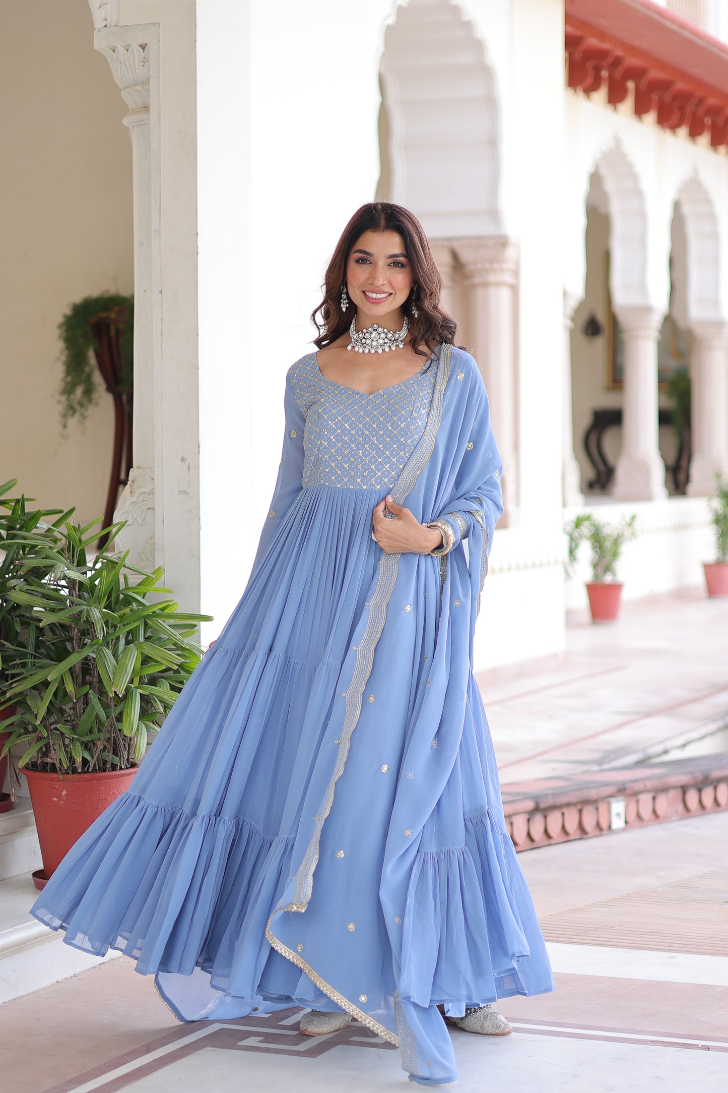 Sky Blue Long Flair Embroidered Ethnic Dress With Dupatta