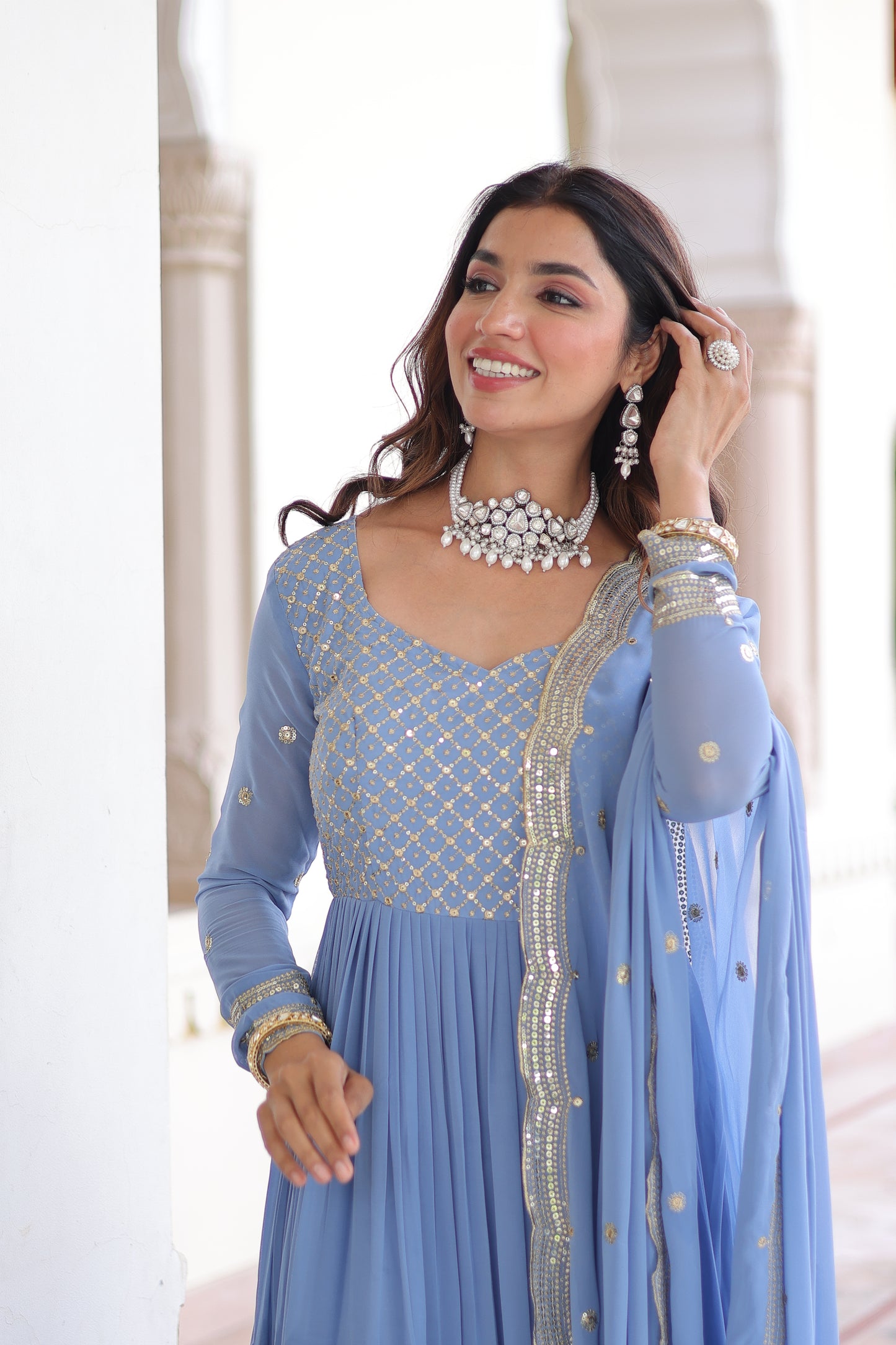 Sky Blue Long Flair Embroidered Ethnic Dress With Dupatta