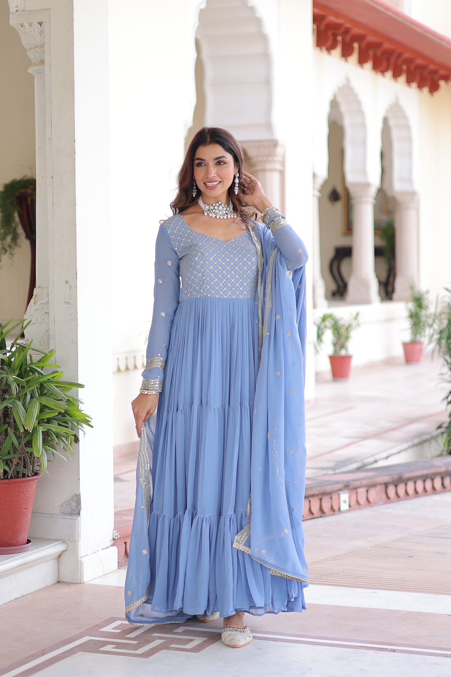 Sky Blue Long Flair Embroidered Ethnic Dress With Dupatta