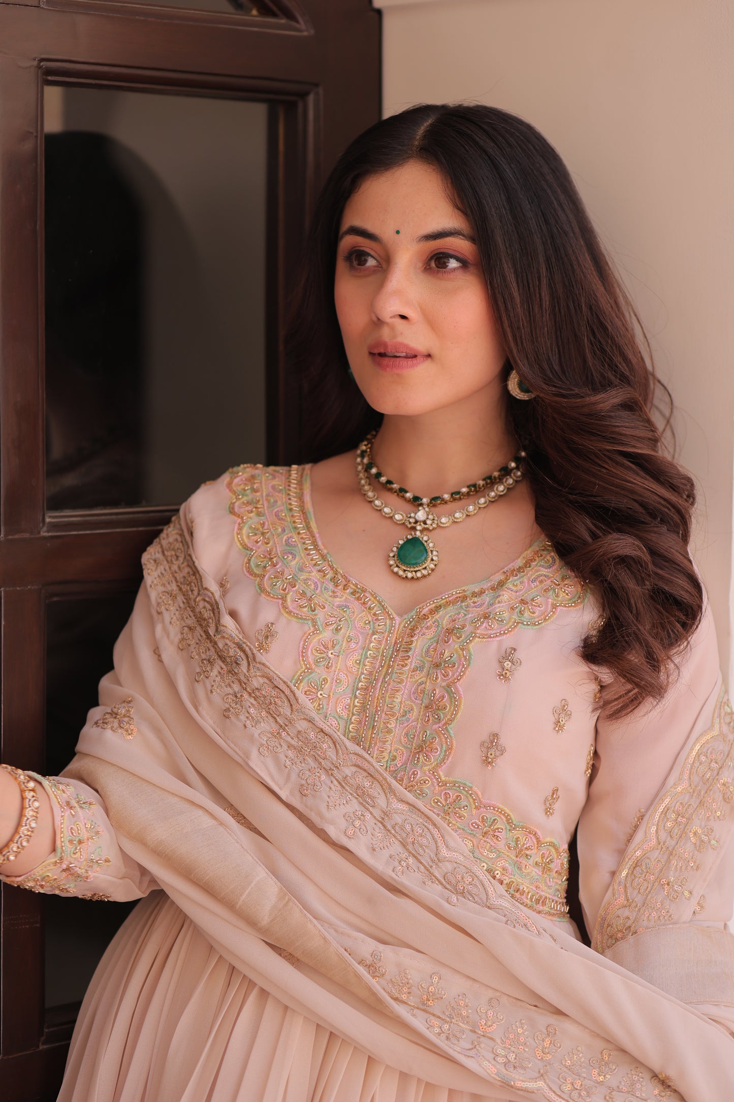 Cream Georgette Embroidered Work Ethnic Dress With Dupatta