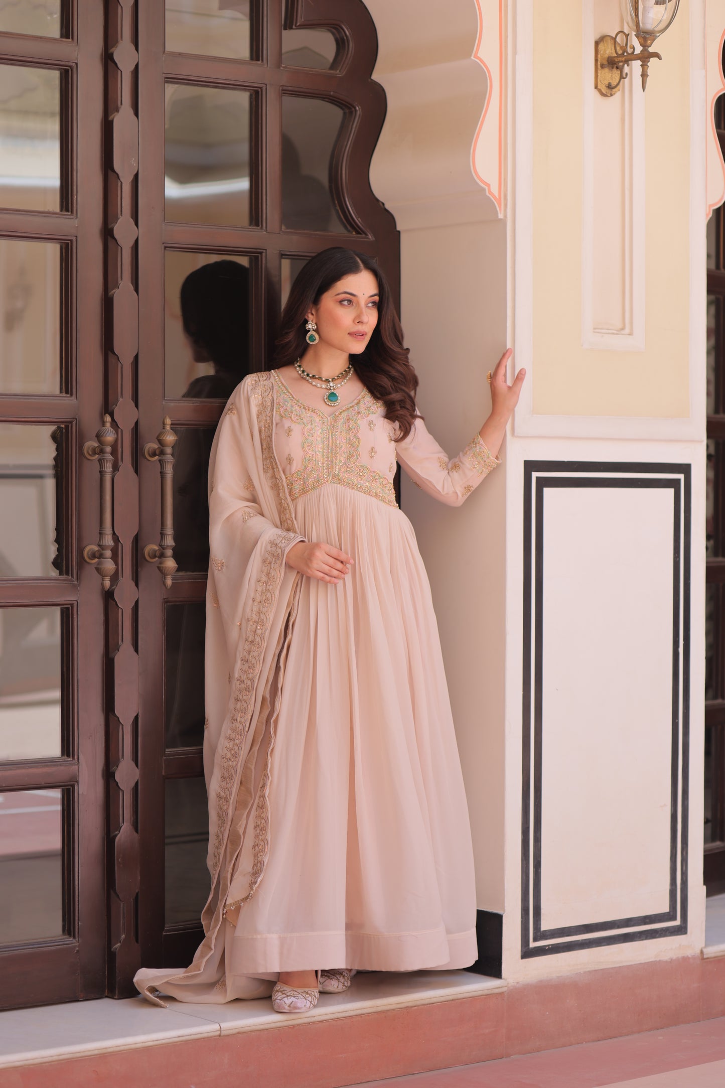 Cream Georgette Embroidered Work Ethnic Dress With Dupatta