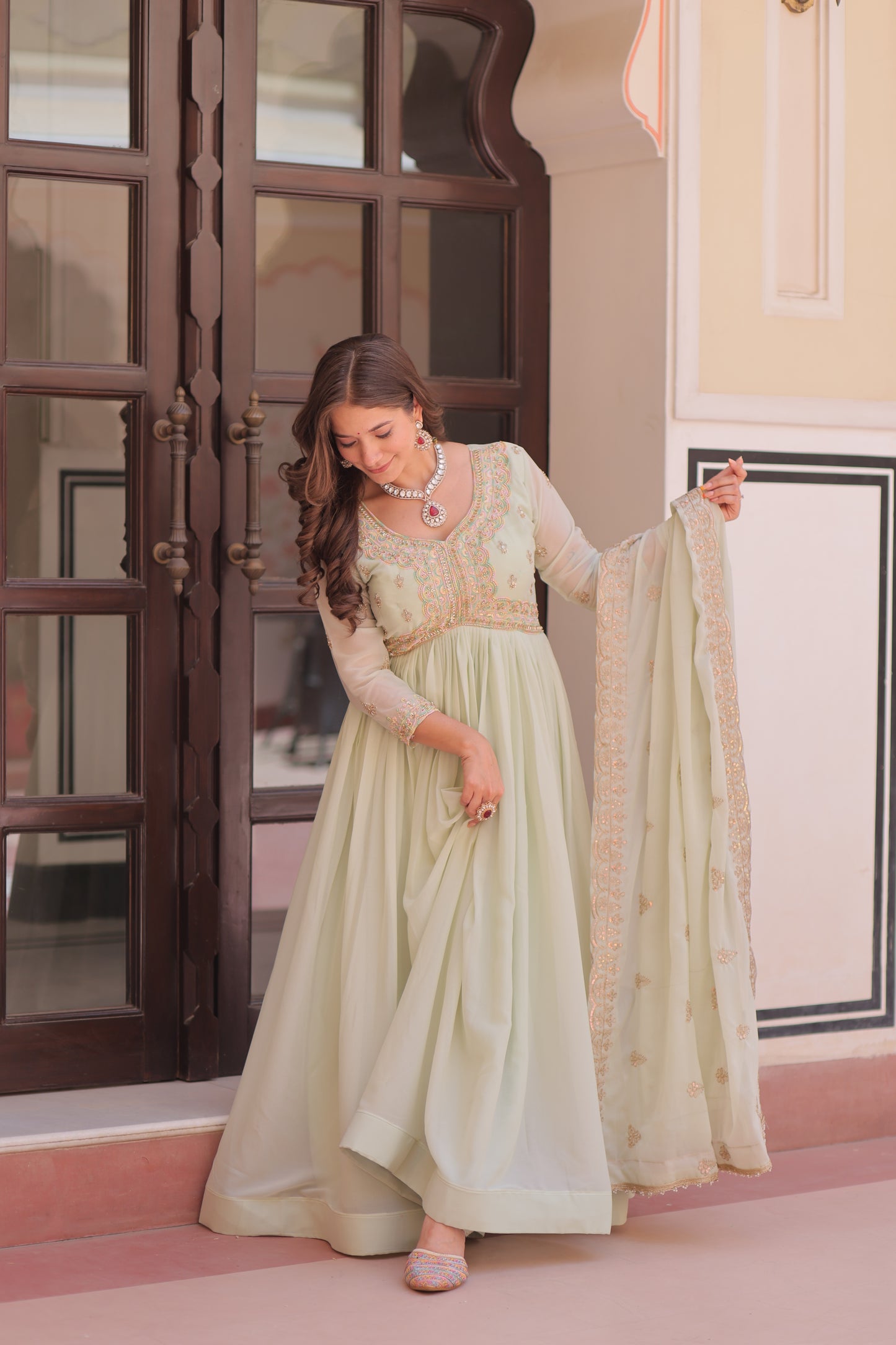 Pista Georgette Embroidered Work Ethnic Dress With Dupatta
