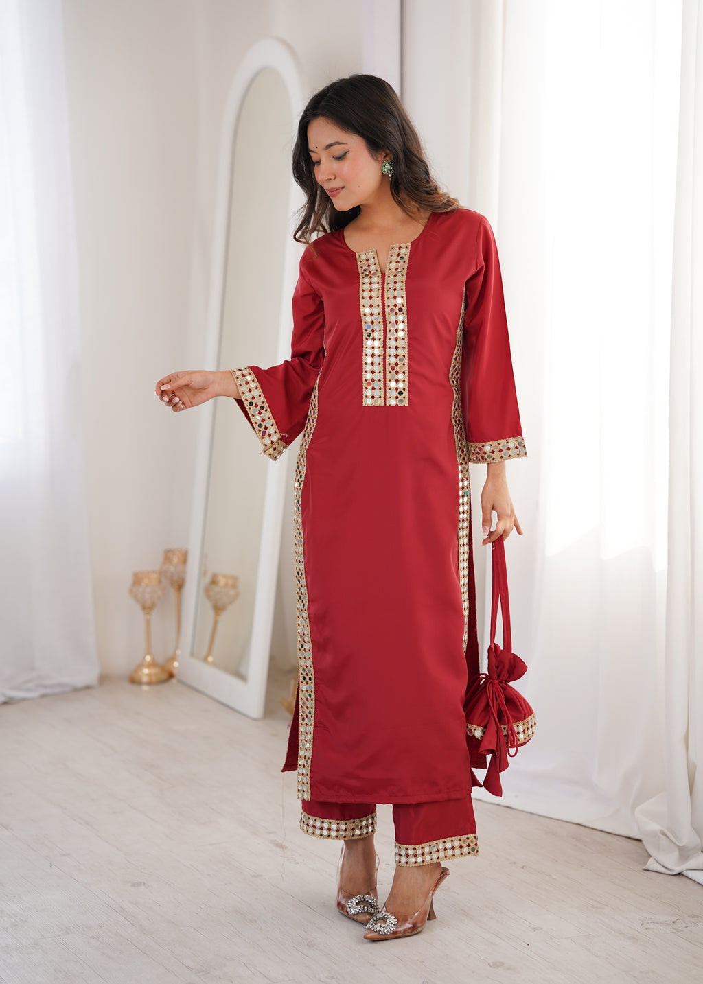 Red Natural Crepe Kurti Set with Real Mirror Work & Matching Batwa
