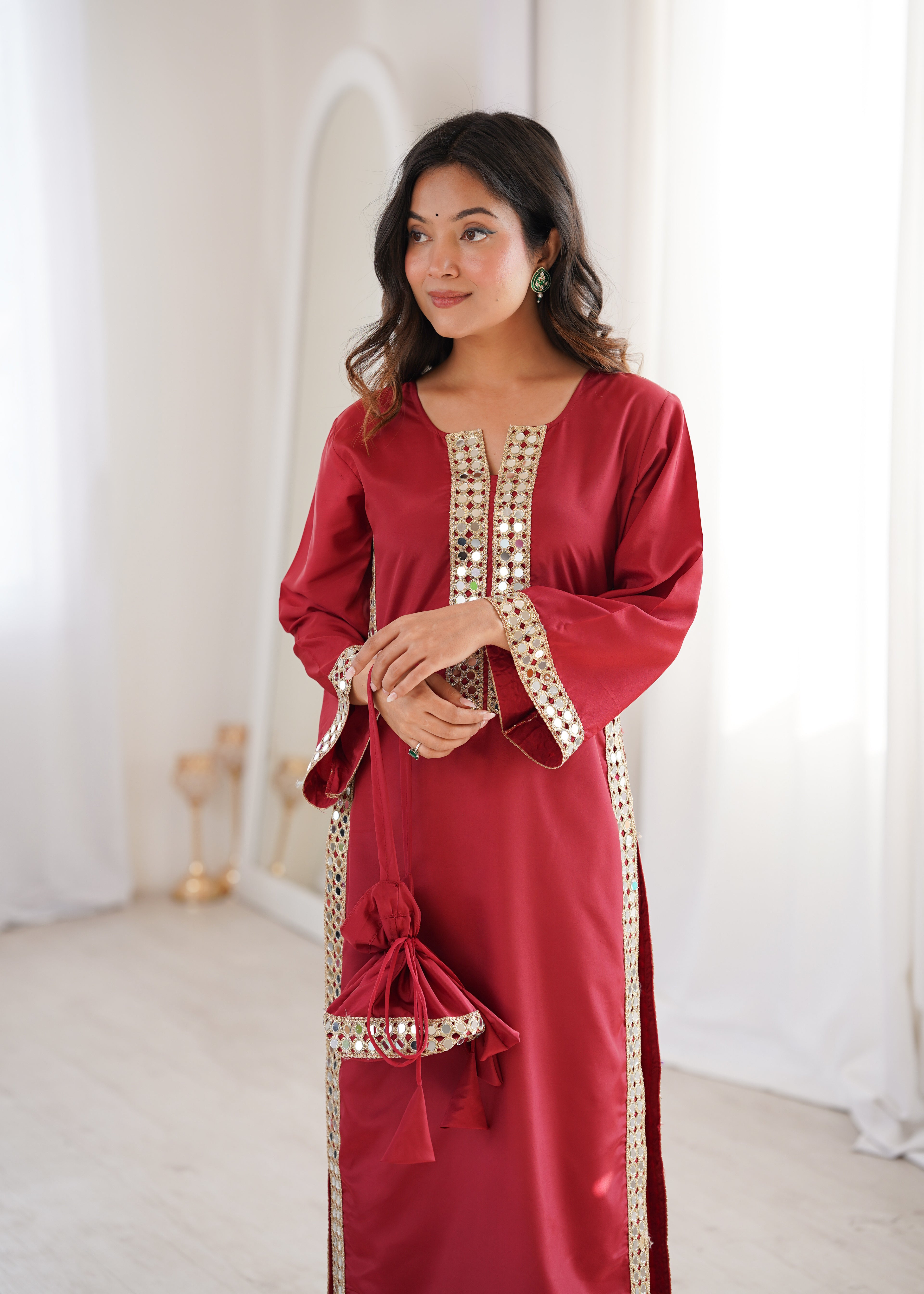 Red Natural Crepe Kurti Set with Real Mirror Work & Matching Batwa