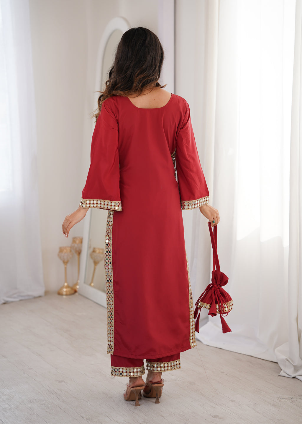 Red Natural Crepe Kurti Set with Real Mirror Work & Matching Batwa
