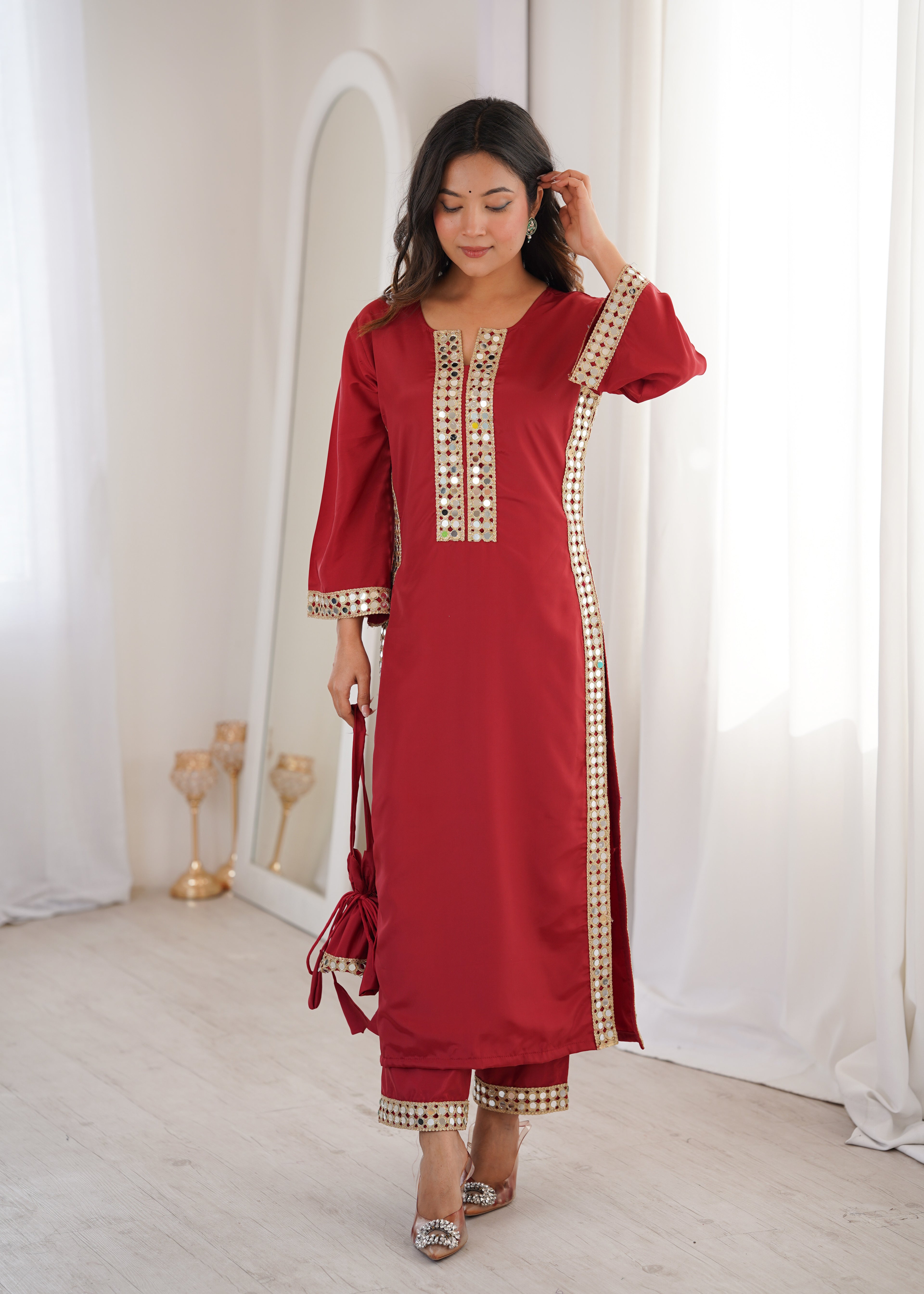 Red Natural Crepe Kurti Set with Real Mirror Work & Matching Batwa