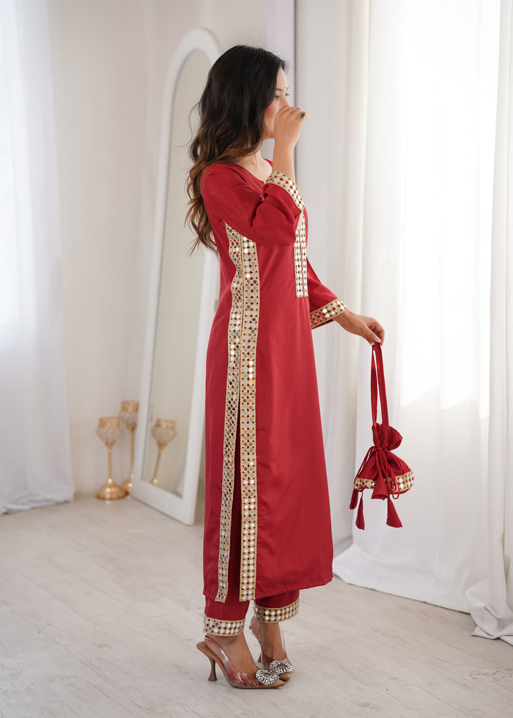 Red Natural Crepe Kurti Set with Real Mirror Work & Matching Batwa