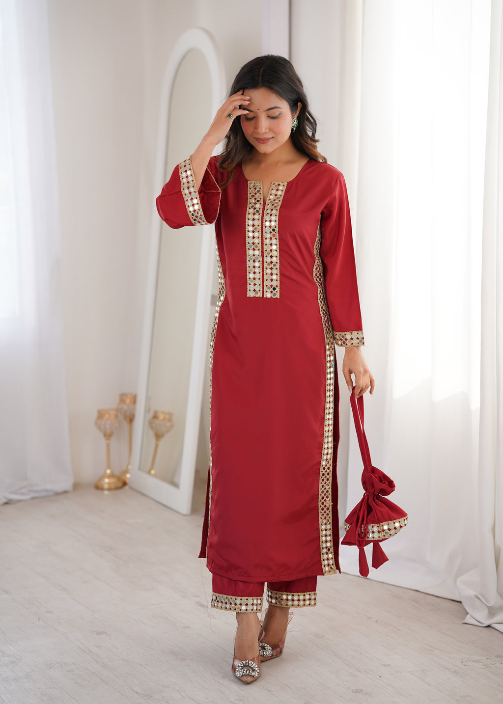 Red Natural Crepe Kurti Set with Real Mirror Work & Matching Batwa