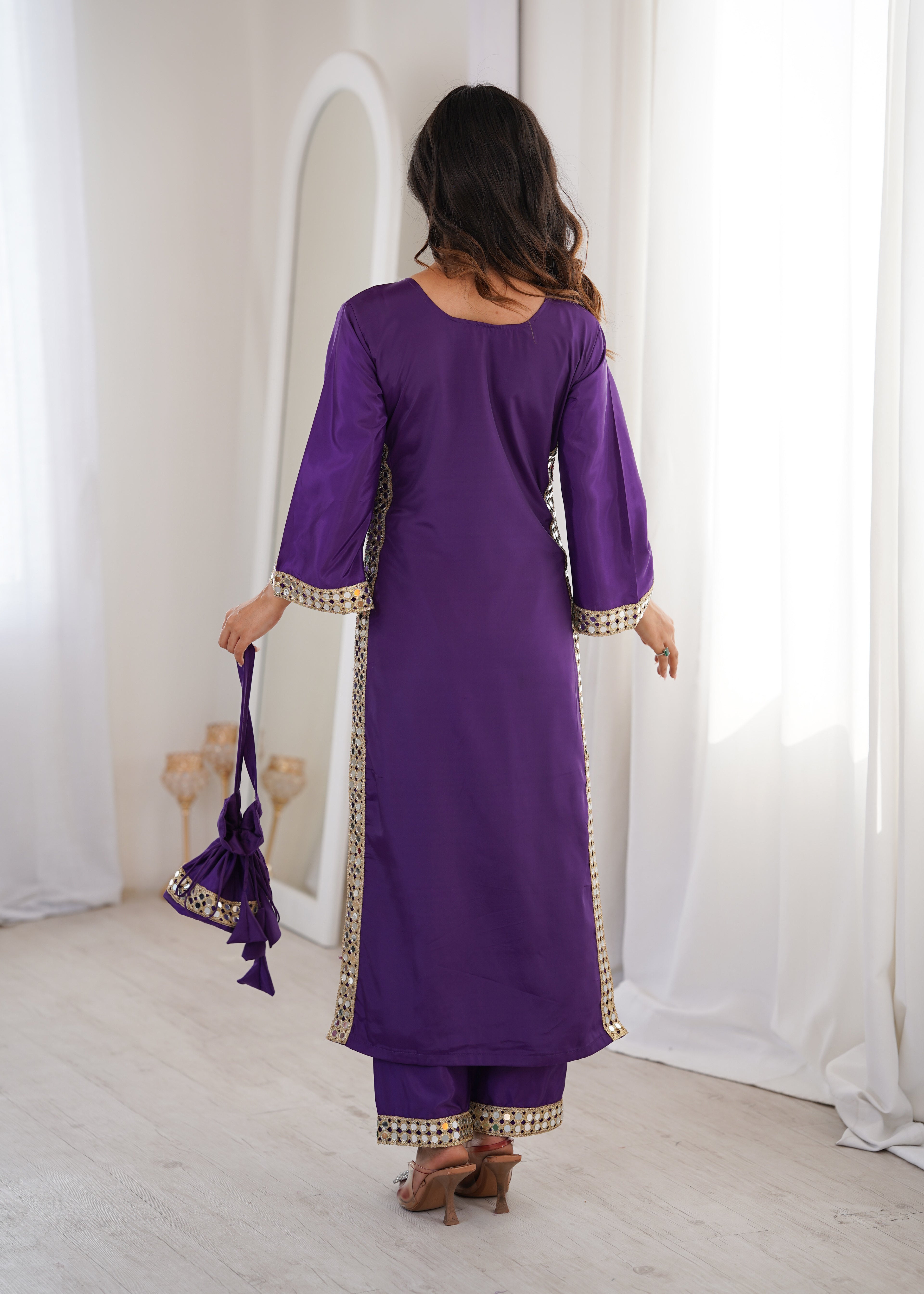 Purple Natural Crepe Kurti Set with Real Mirror Work & Matching Batwa