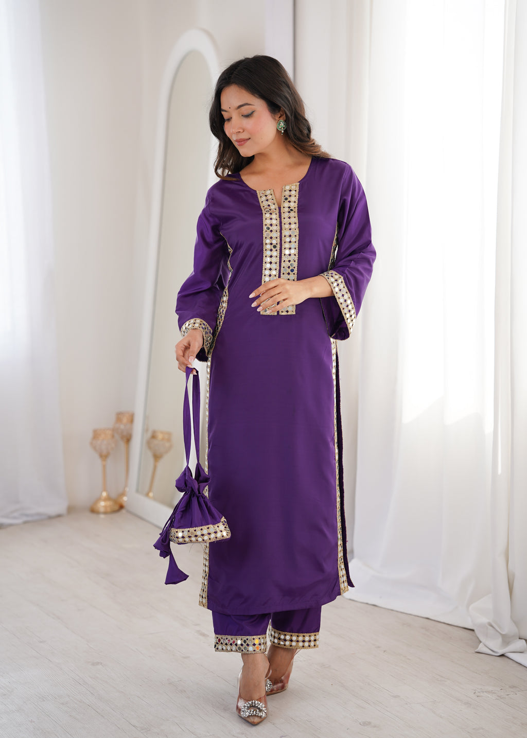 Purple Natural Crepe Kurti Set with Real Mirror Work & Matching Batwa
