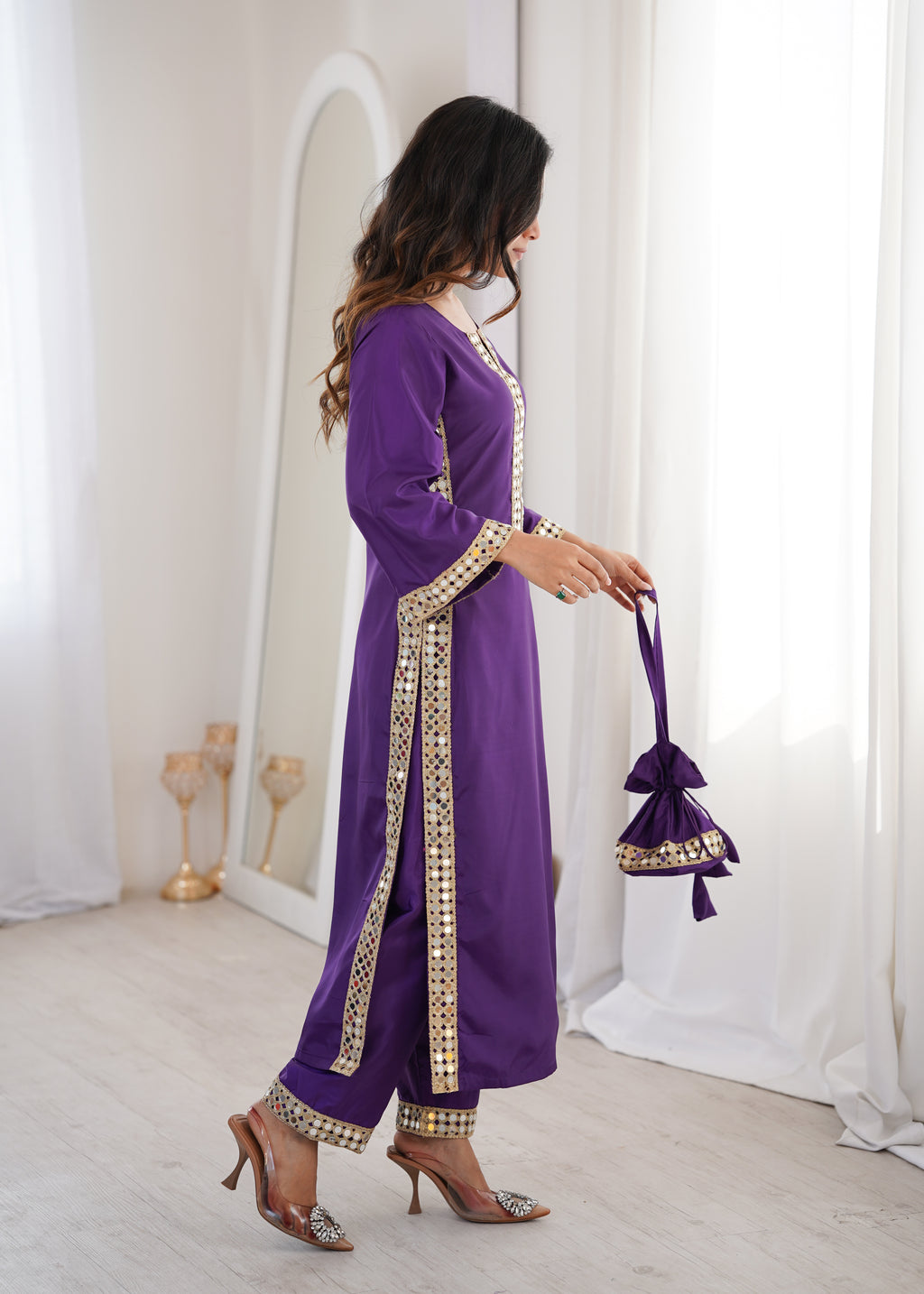Purple Natural Crepe Kurti Set with Real Mirror Work & Matching Batwa
