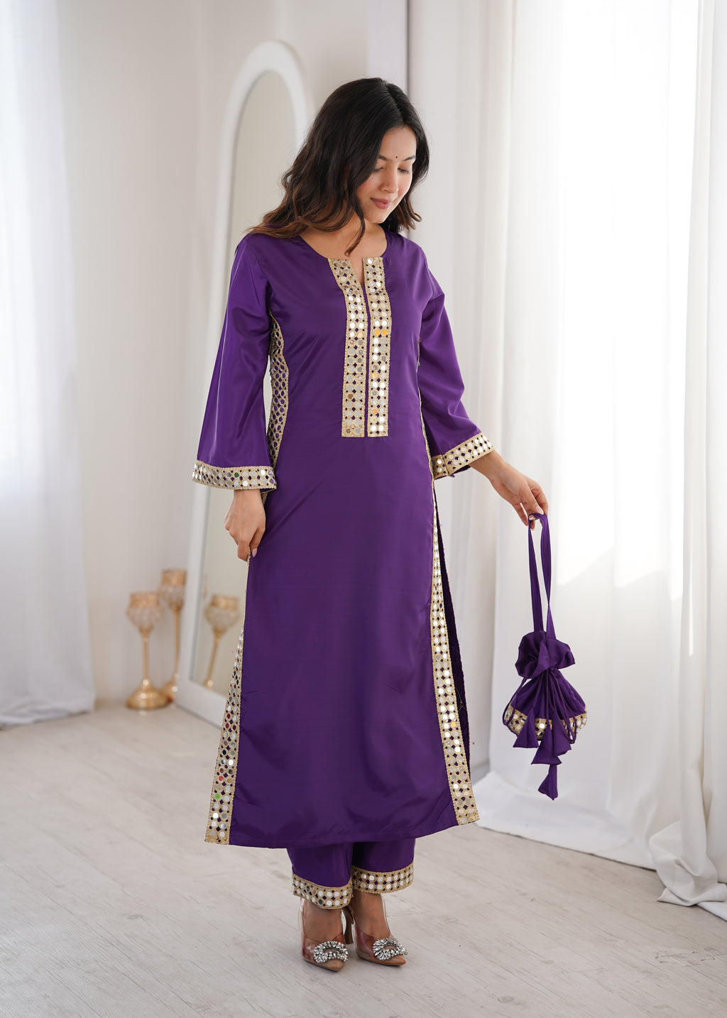 Purple Natural Crepe Kurti Set with Real Mirror Work & Matching Batwa