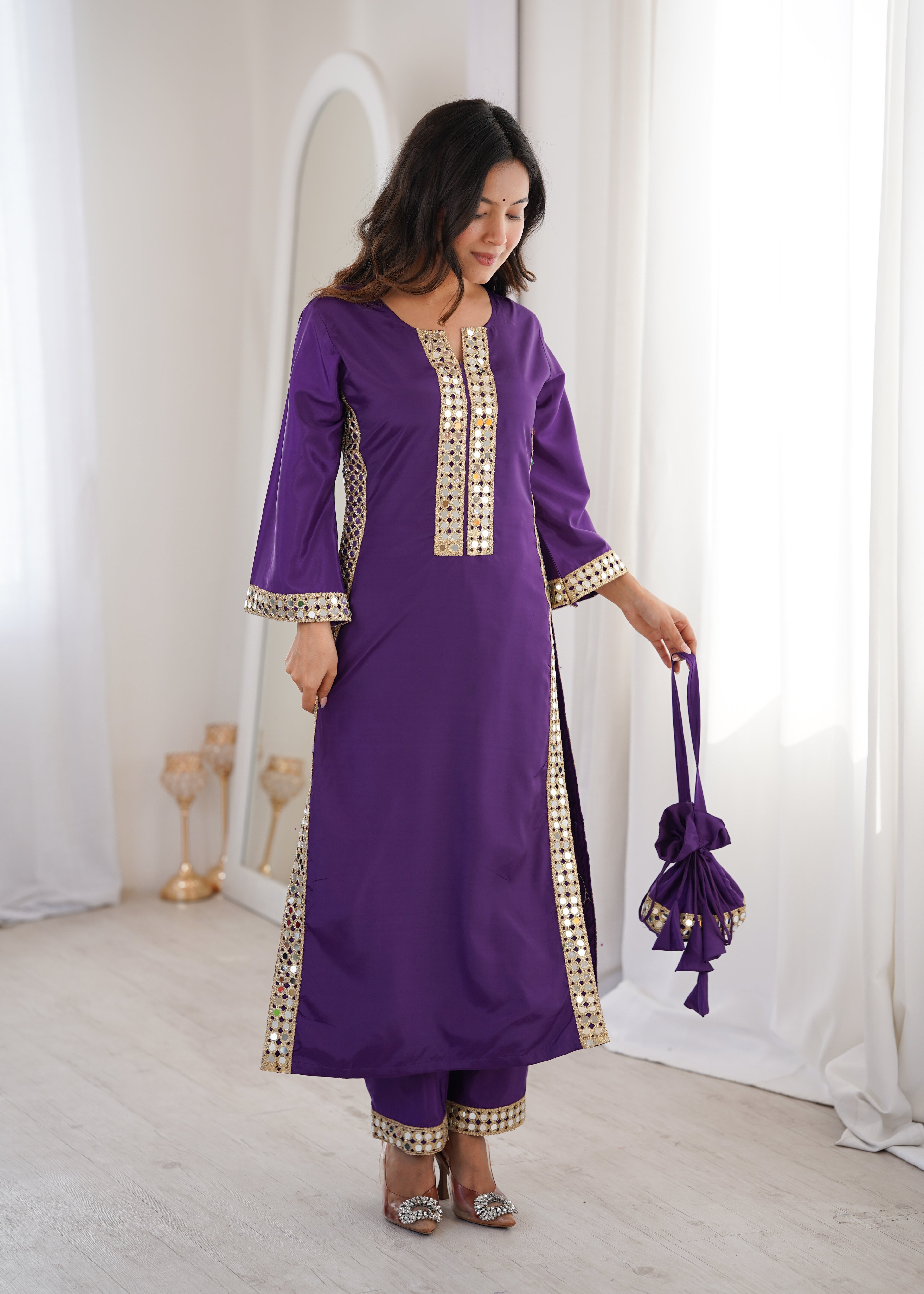 Purple Natural Crepe Kurti Set with Real Mirror Work & Matching Batwa