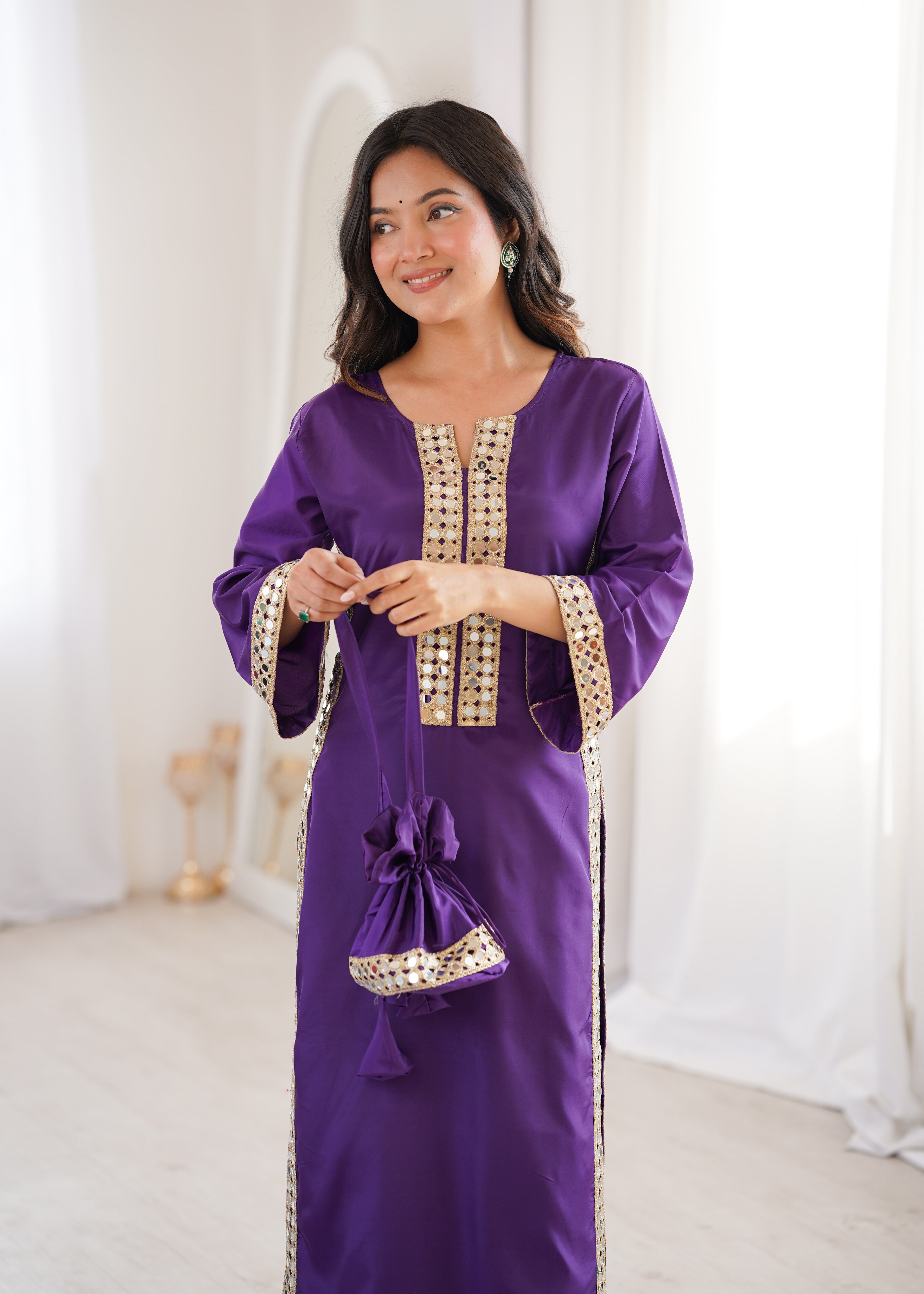 Purple Natural Crepe Kurti Set with Real Mirror Work & Matching Batwa