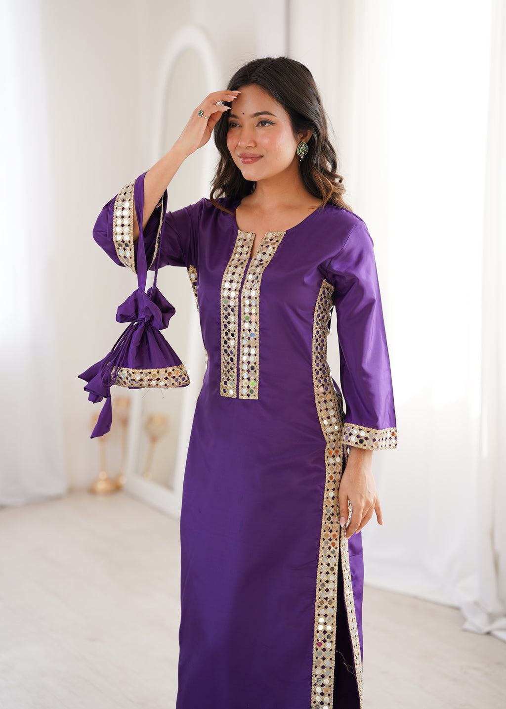Purple Natural Crepe Kurti Set with Real Mirror Work & Matching Batwa