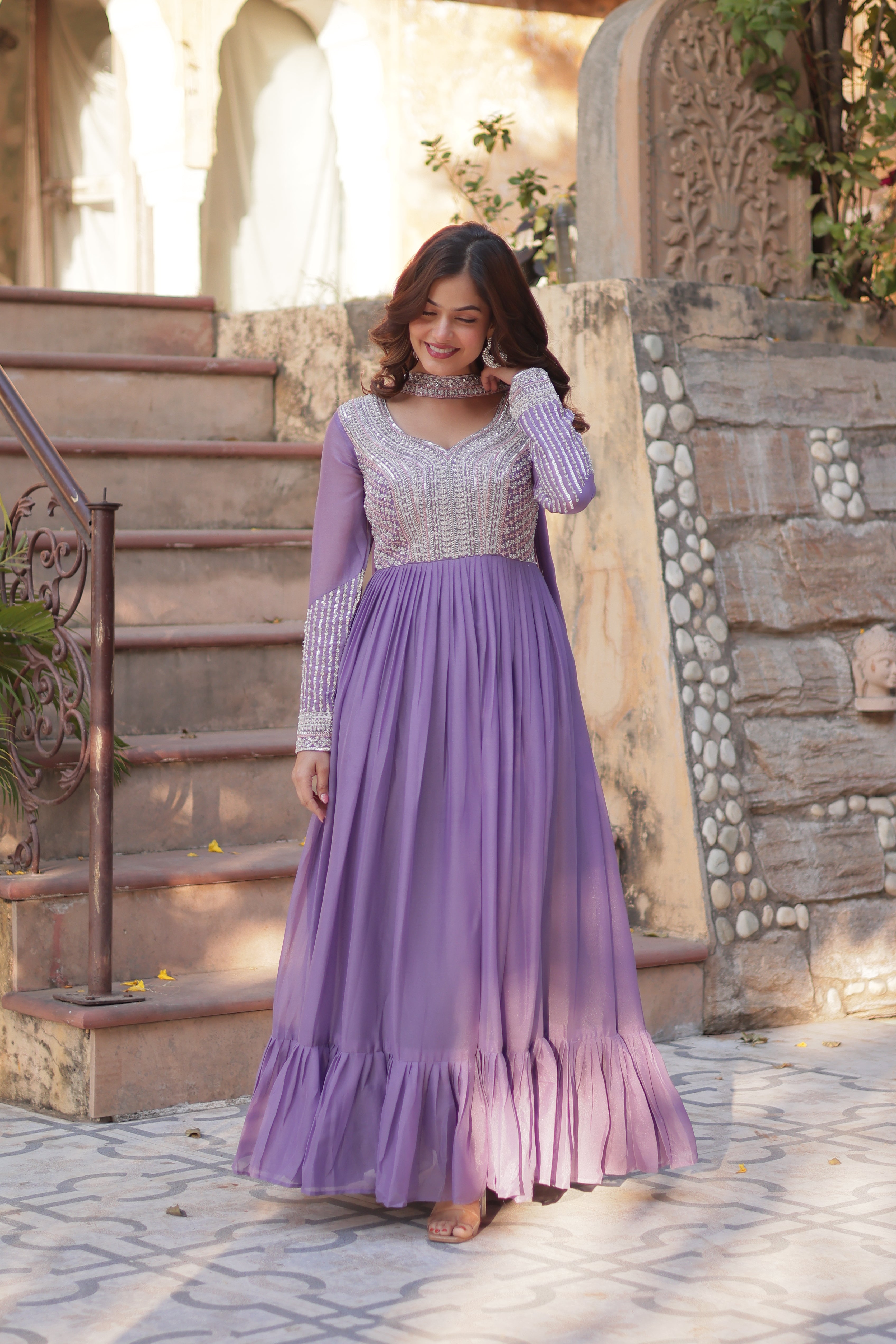 Lavender Sequins Georgette Dress