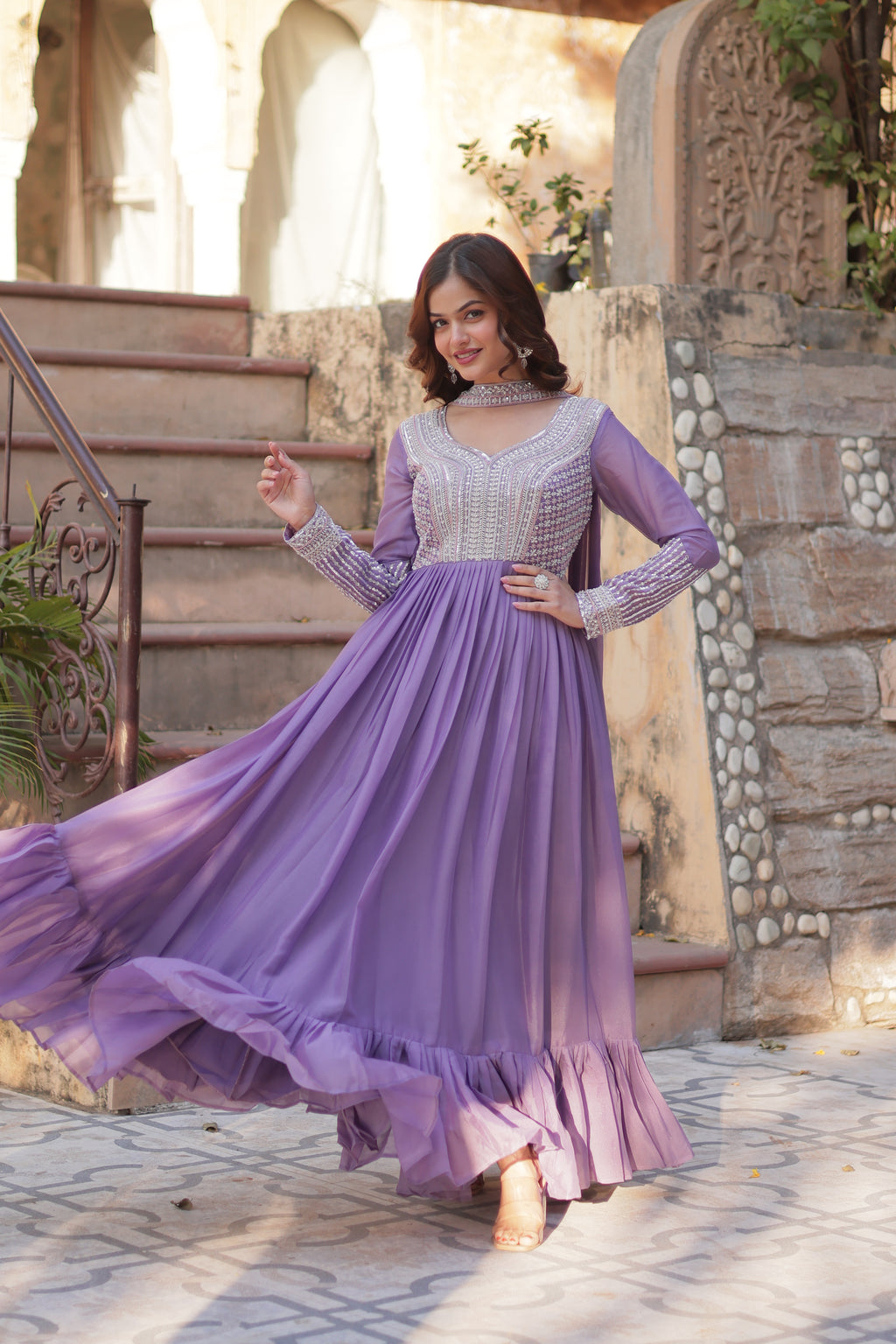 Lavender Sequins Georgette Dress