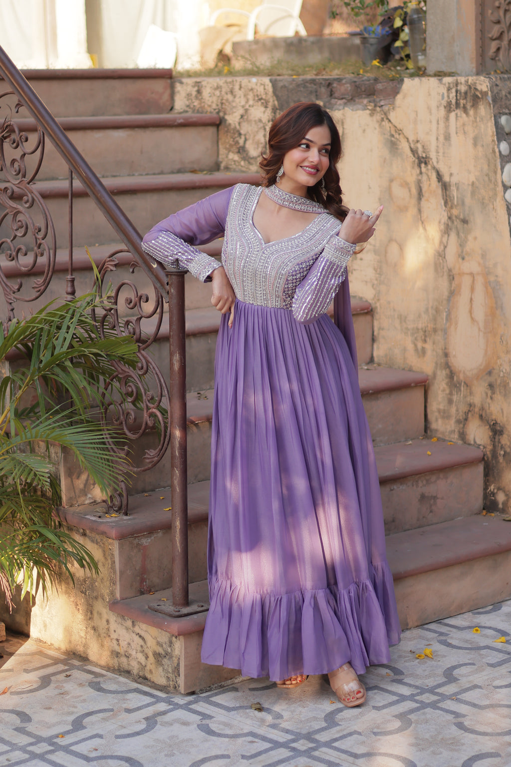 Lavender Sequins Georgette Dress