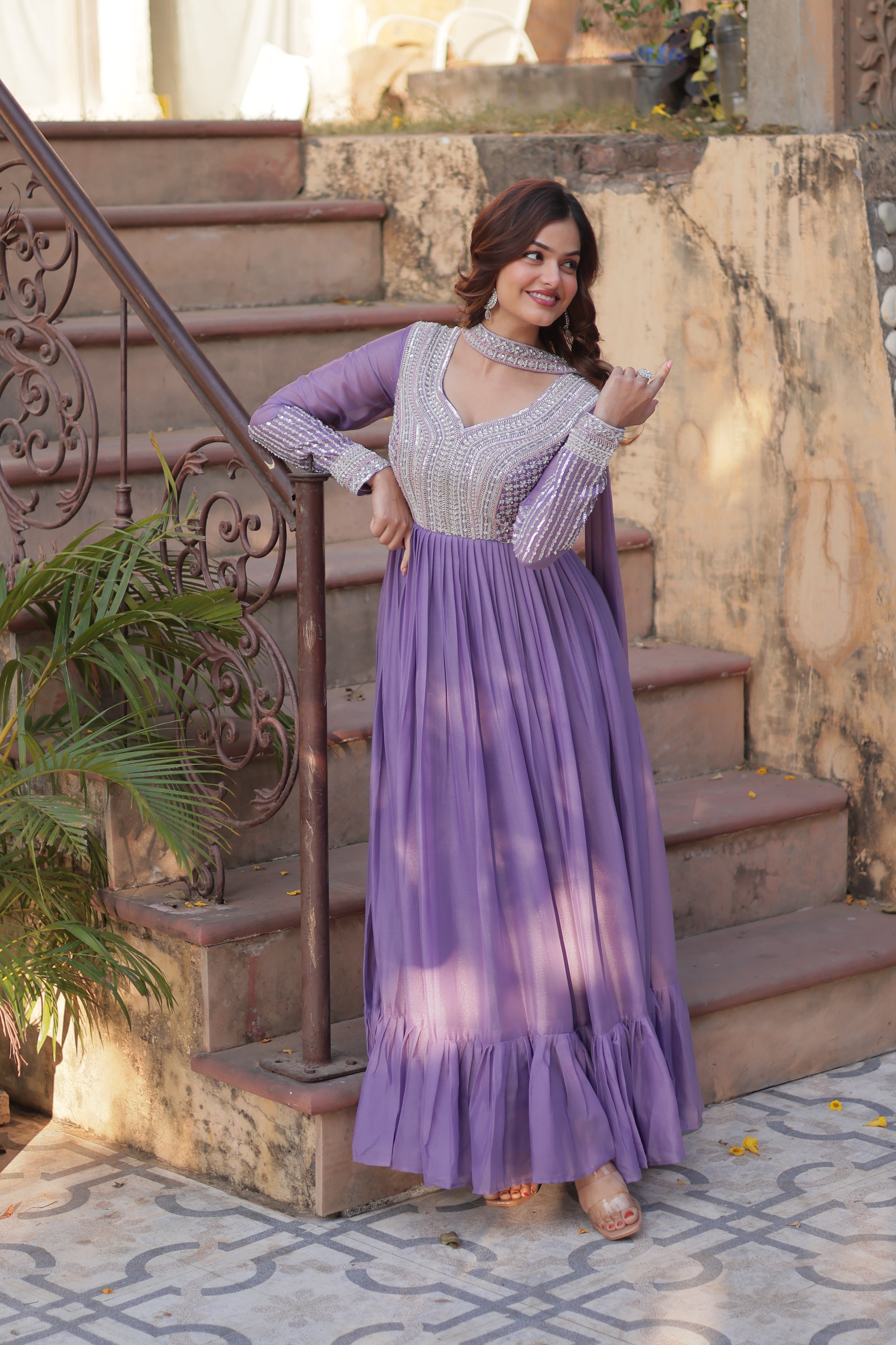 Lavender Sequins Georgette Dress