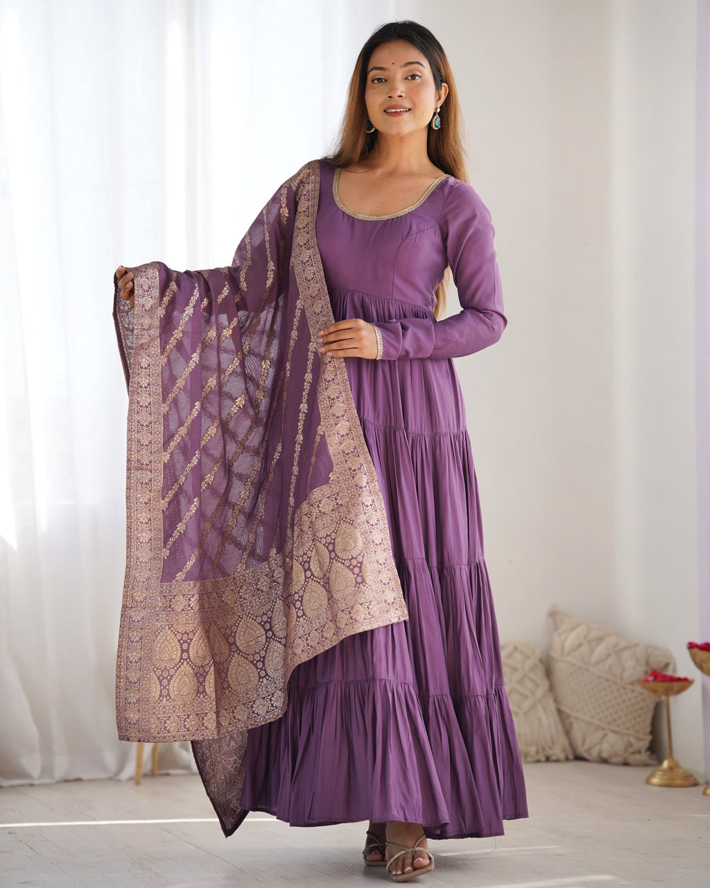 Lavender Silk Anarkali Suit With Dupatta 4