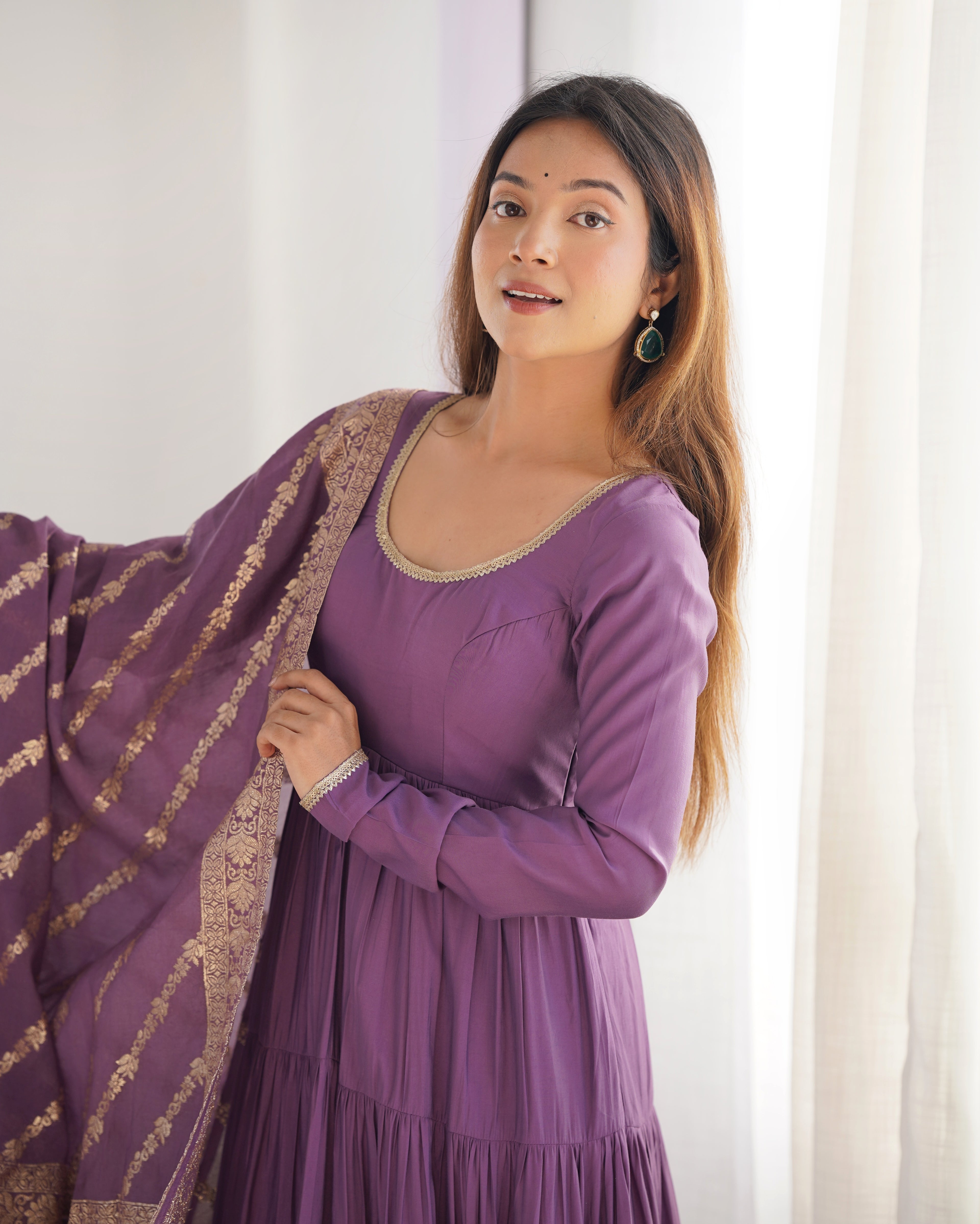 Lavender Silk Anarkali Suit With Dupatta 5