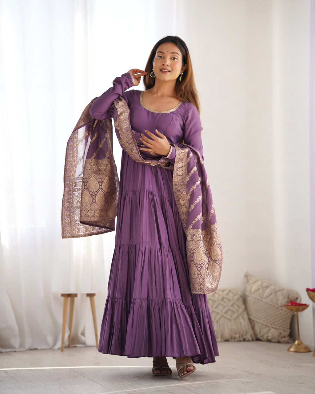 Lavender Silk Anarkali Suit With Dupatta main