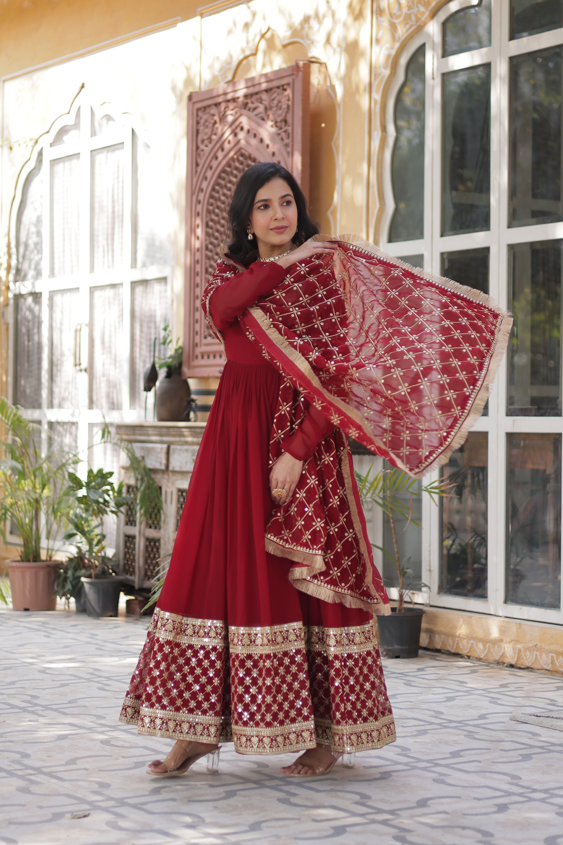Maroon Faux Georgette Embroidered Full Sleeves Gown With Dupatta