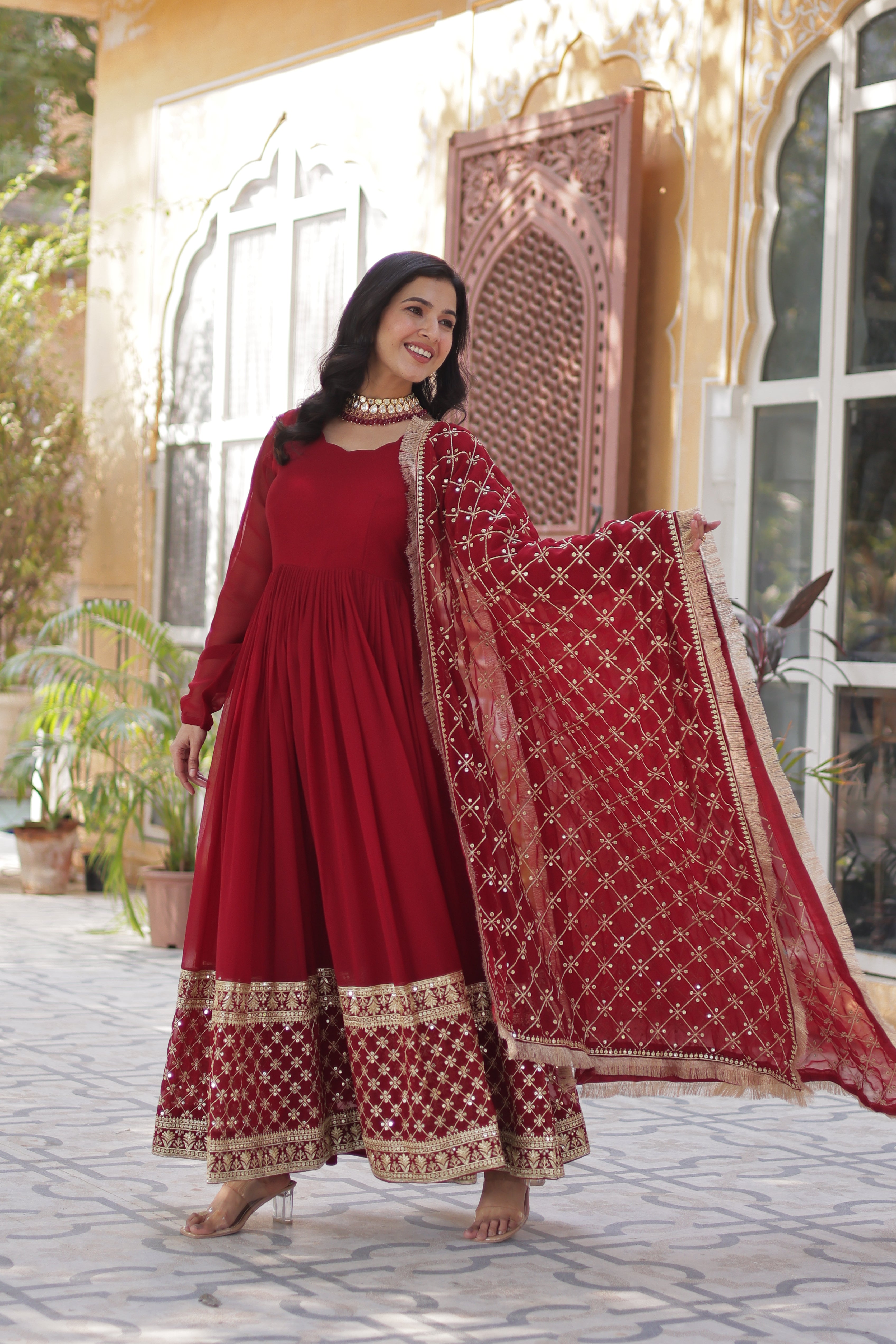 Maroon Faux Georgette Embroidered Full Sleeves Gown With Dupatta