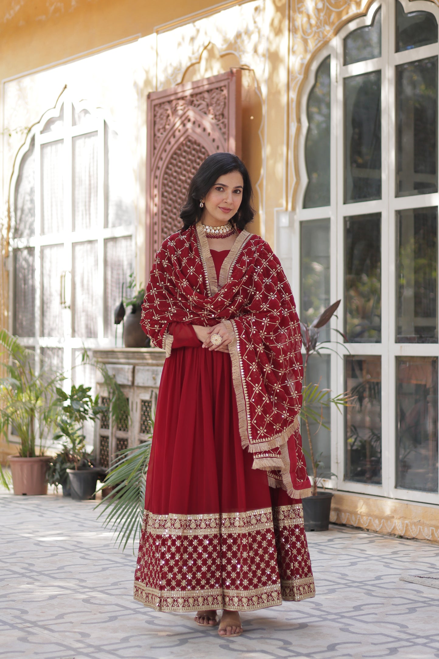 Maroon Faux Georgette Embroidered Full Sleeves Gown With Dupatta