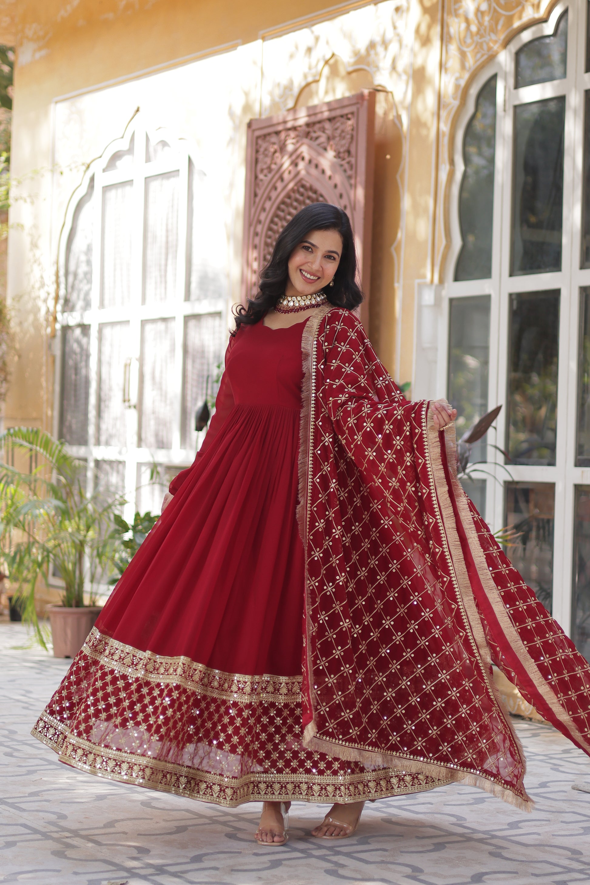 Maroon Faux Georgette Embroidered Full Sleeves Gown With Dupatta