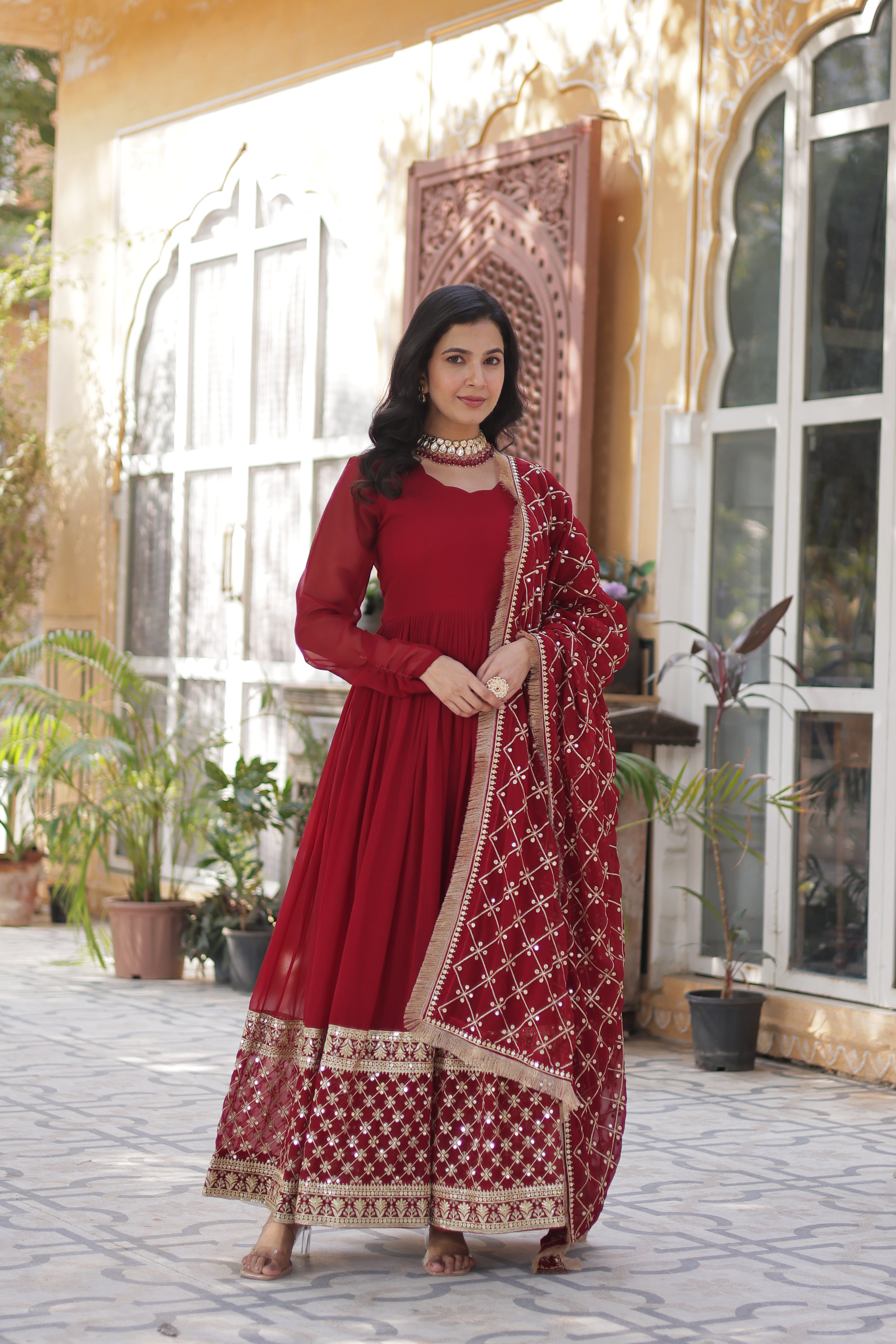 Maroon Faux Georgette Embroidered Full Sleeves Gown With Dupatta