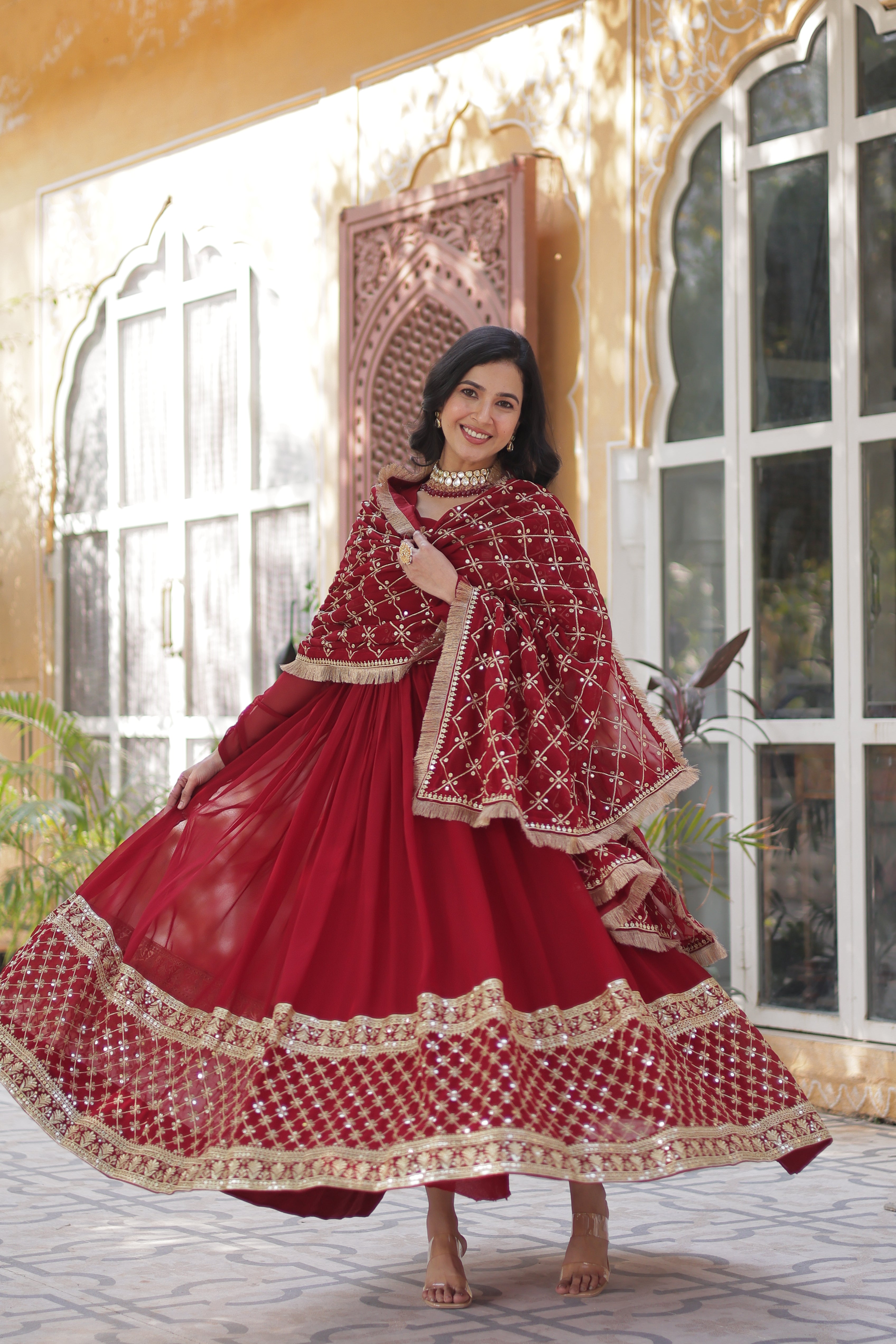 Maroon Faux Georgette Embroidered Full Sleeves Gown With Dupatta