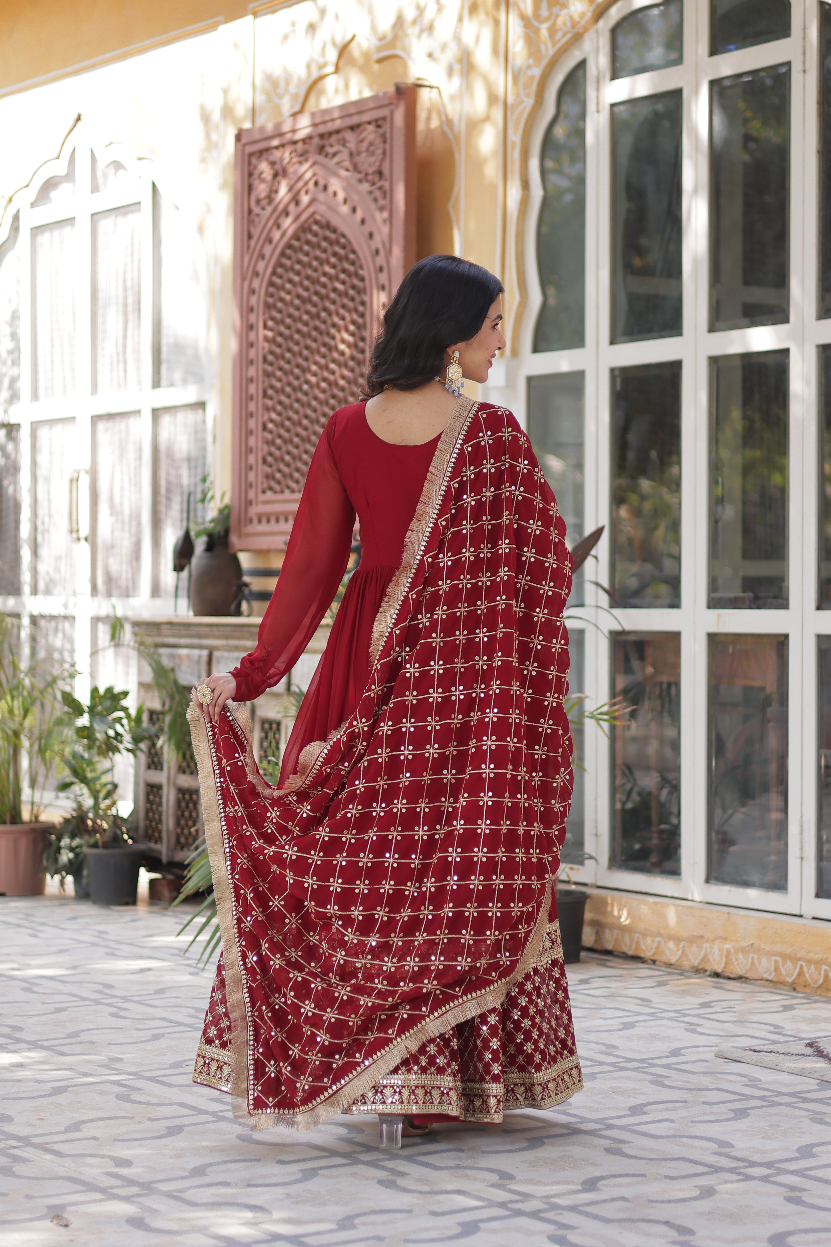Maroon Faux Georgette Embroidered Full Sleeves Gown With Dupatta