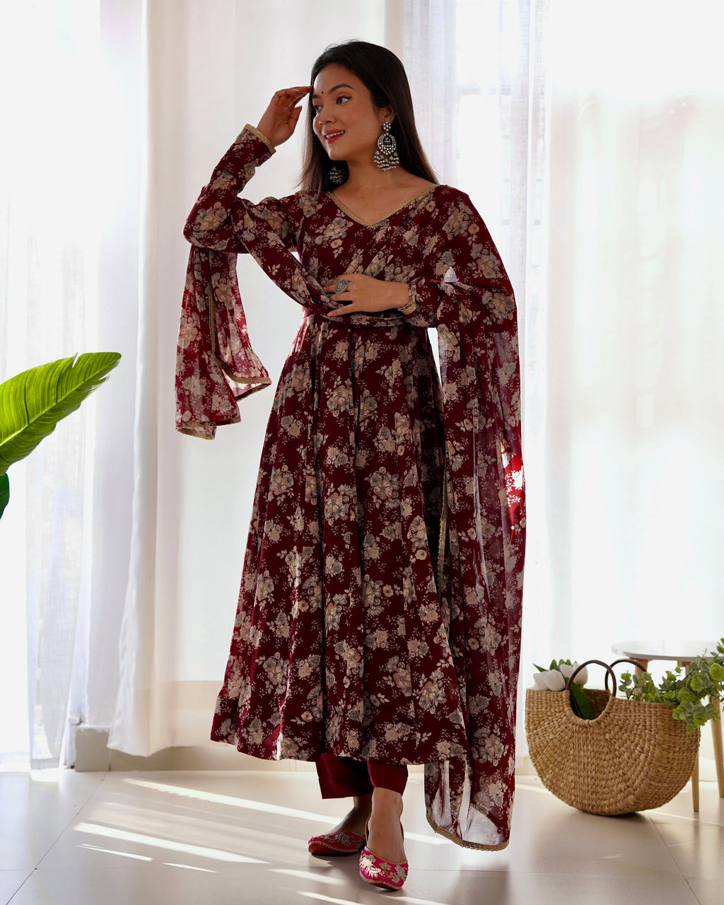 Maroon Printed Anarkali suit 1