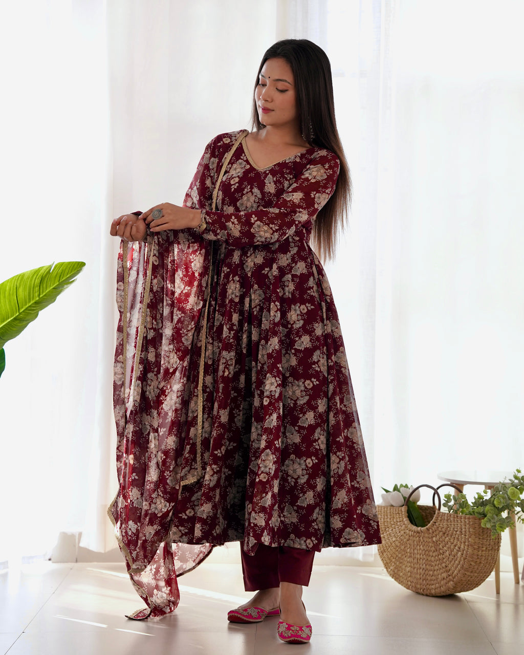 Maroon Printed Anarkali suit 2