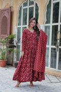 Maroon Printed Cotton Kurta Set For Women