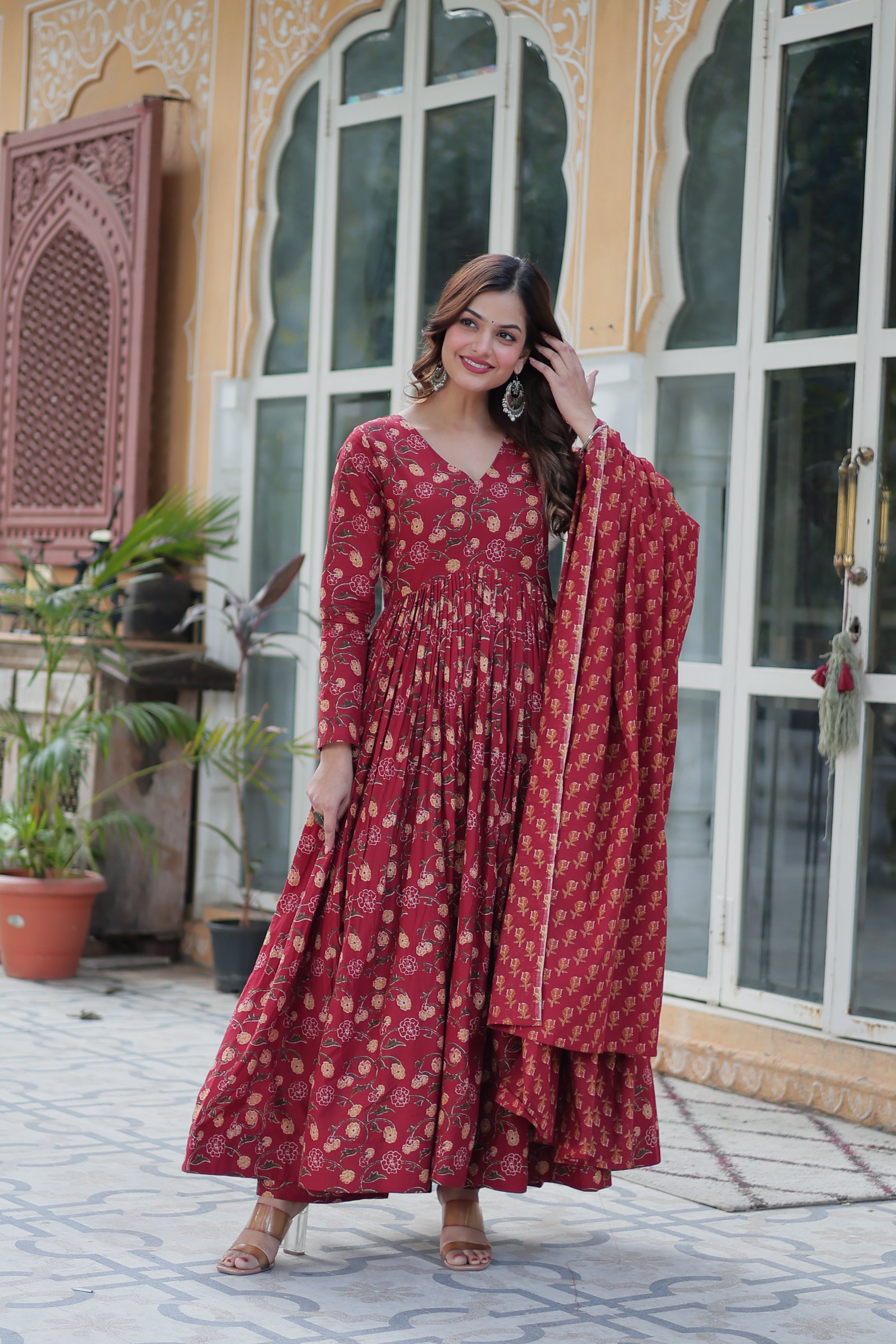 Maroon Printed Cotton Kurta Set For Women